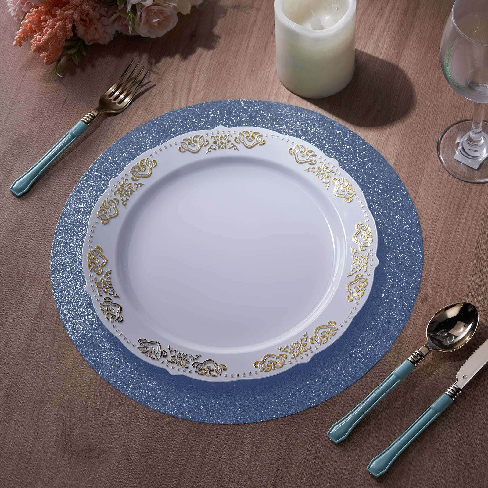 6-Pack Placemats Glitter Design Dusty Blue Sparkle Round - Non-Slip Decorative Dining Table Mats 13"