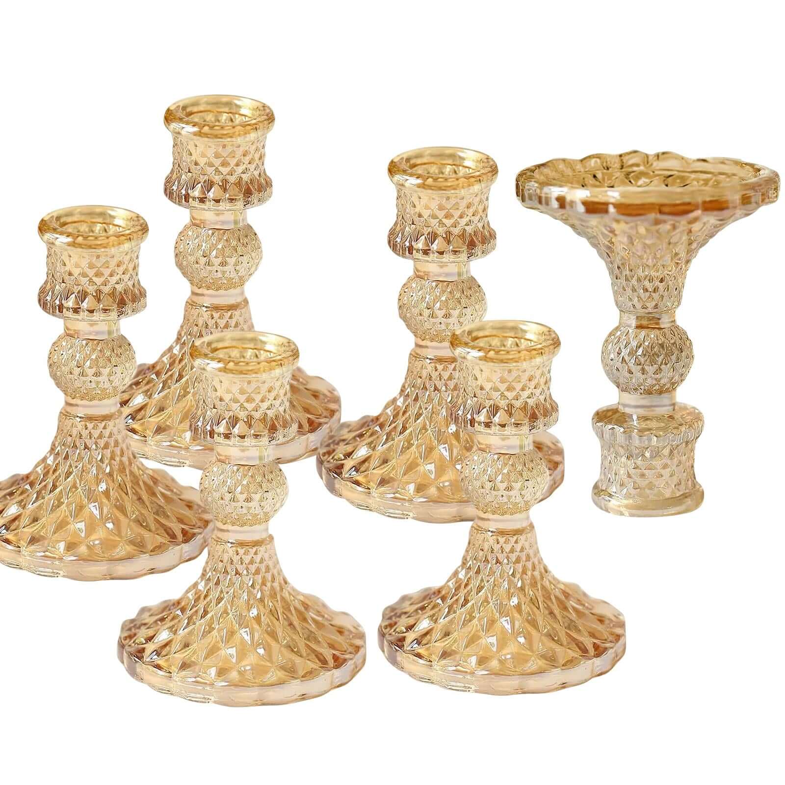 6-Pack Glass Taper Candlestick Holders Diamond Pattern Design Amber Gold - Reversible Crystal Pillar Votive Stands 4"