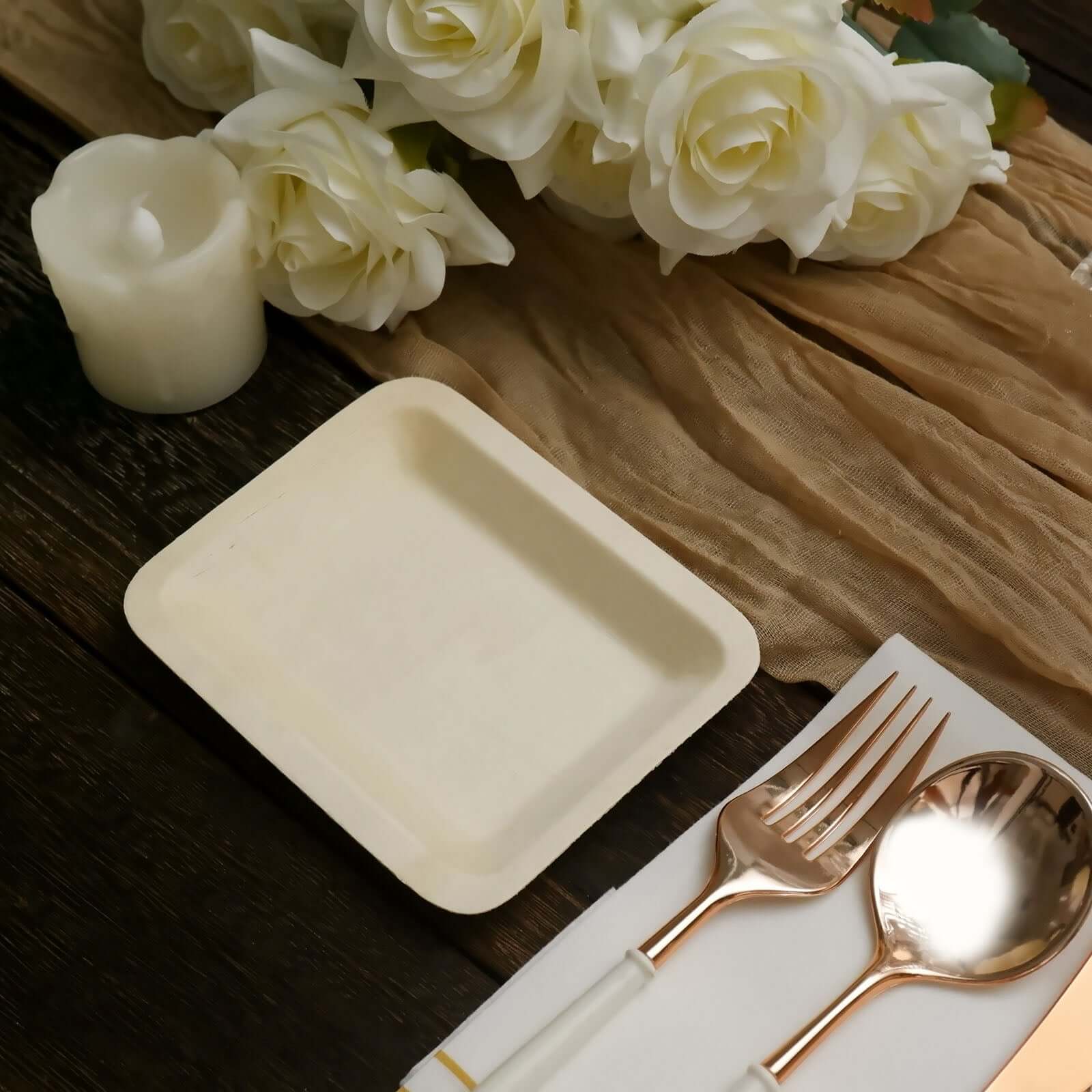 25-Pack Birchwood 4"x5" Rectangle Dessert Plates - Natural Eco Friendly Wooden Disposable Plates for Farmhouse-Style Events, Parties & Gatherings