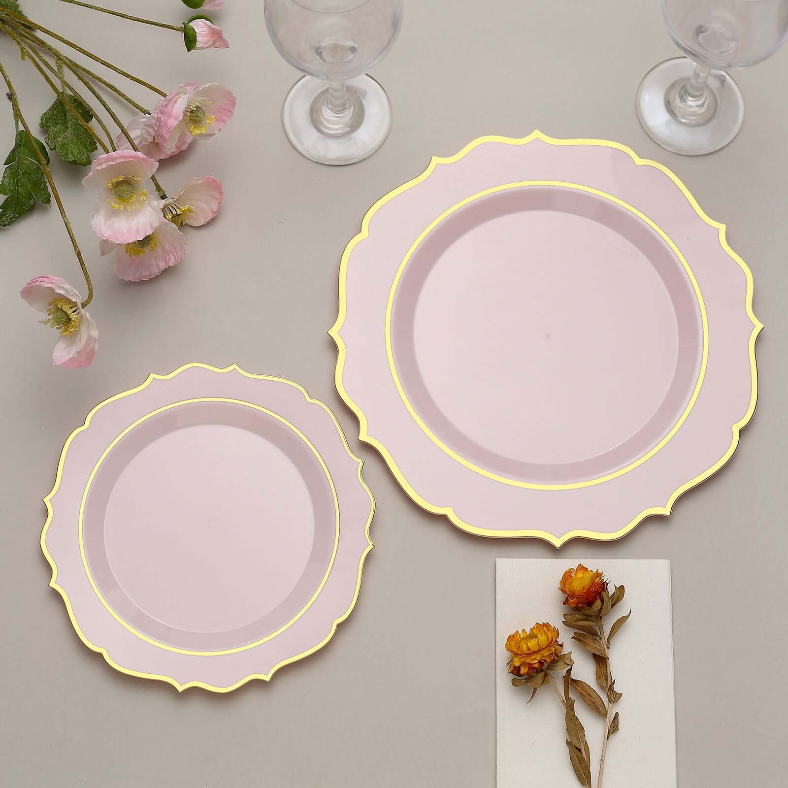 10-Pack Plastic 8" Round Desert Plates in Blush with Gold Scalloped Rim - Disposable Appetizer/Salad Plates