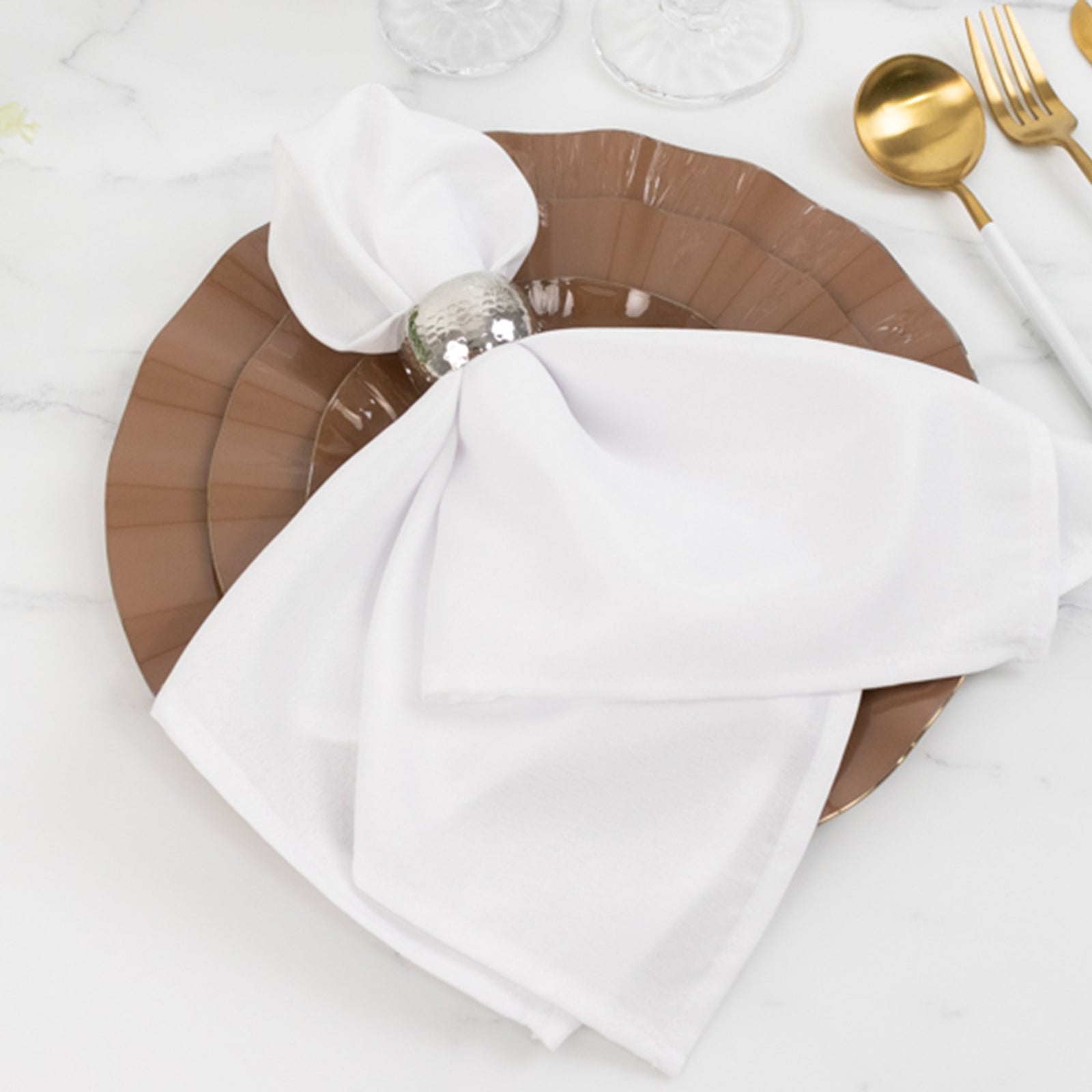 10-Pack Plastic Round 6" Dessert Plates in Coffee Brown Ruffled Rim with Gold Edging - Sturdy Disposable Salad Appetizer Dinnerware
