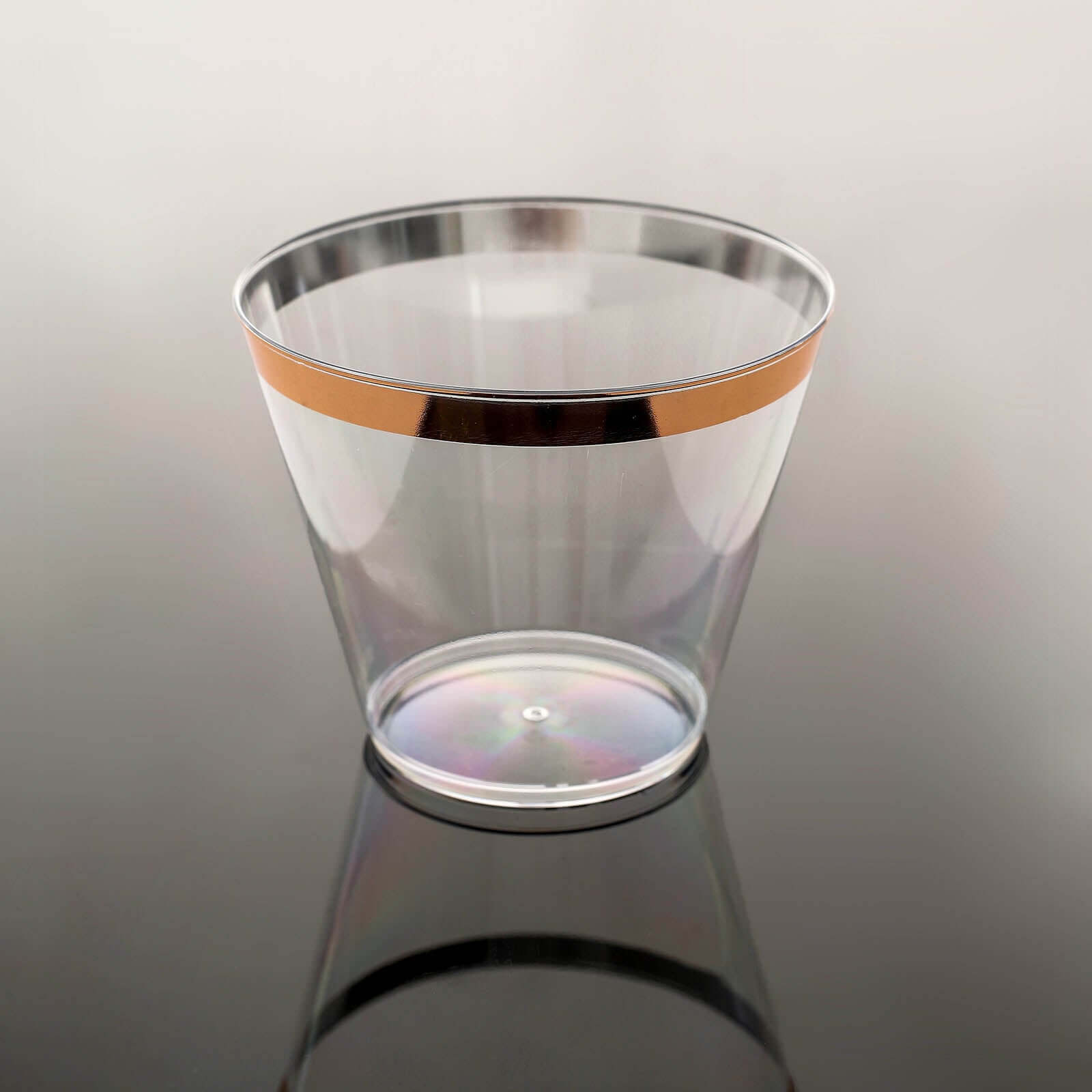 12-Pack Plastic Party Squat Cups Clear with Rose Gold Rim - Stylish Disposable Tumblers for Banquets & Special Occasions 10oz