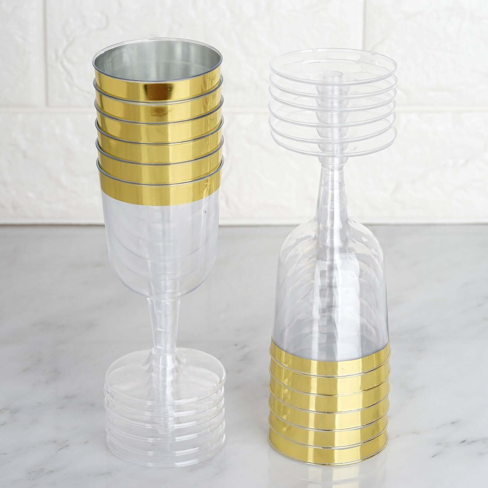 12-Pack Plastic Short Stem Wine Glasses Clear/Gold Rim - Stylish Disposable Drinkware 6oz