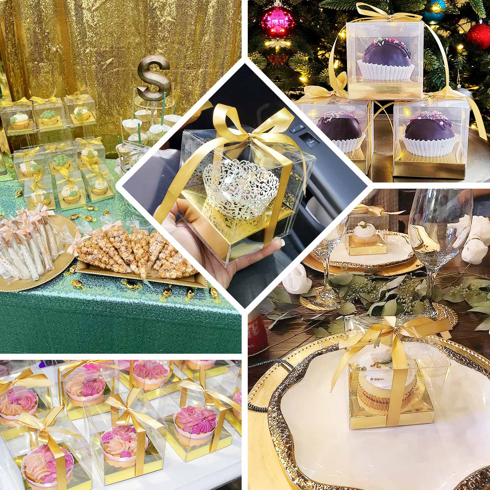 12 Pack 3.5" Clear Metallic Gold Disposable Cupcake Boxes With Ribbon Tie, Plastic Wedding Favor Boxes