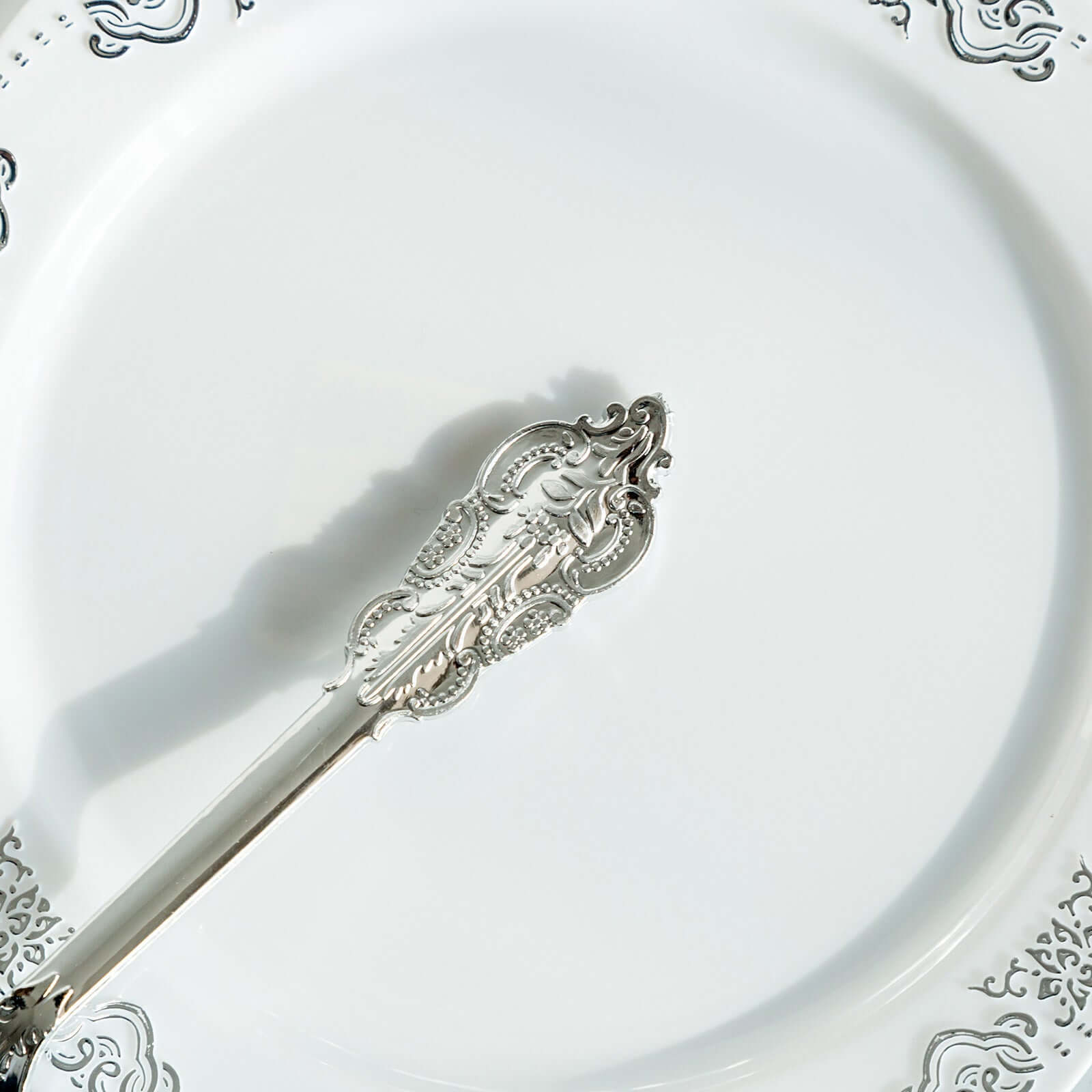 24-Pack Plastic Forks Baroque Style Metallic Silver - Heavy Duty Disposable Silverware 8"