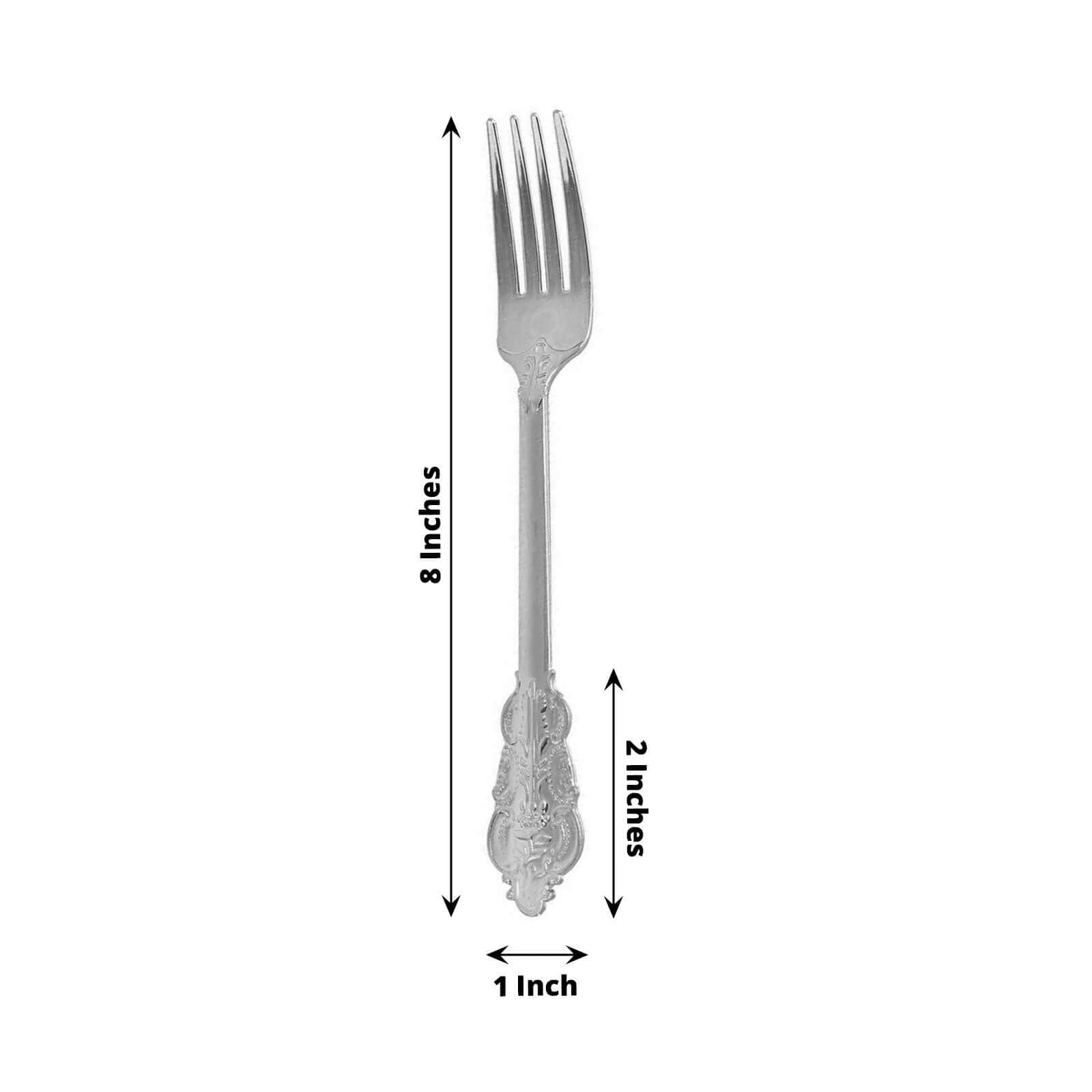 24-Pack Plastic Forks Baroque Style Metallic Silver - Heavy Duty Disposable Silverware 8"