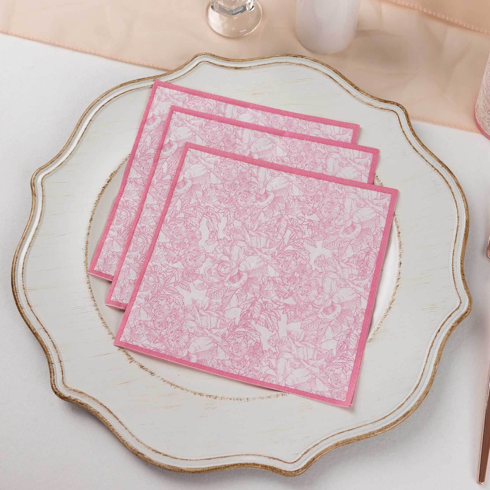 25-Pack Paper Cocktail Napkins with French Toile Print White/Pink - Highly Absorbent 2 Ply Disposable Napkins 5"x5"