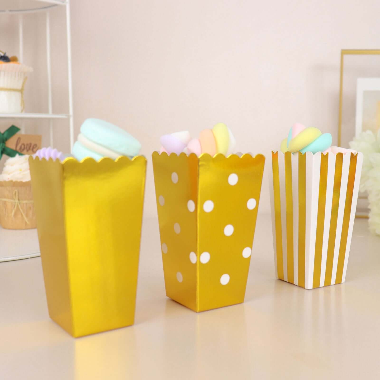 36 Pack 5" White Gold Design Mini Paper Popcorn Boxes, Candy Favor Disposable Bags - Stripe, Polka Dot, Solid Style