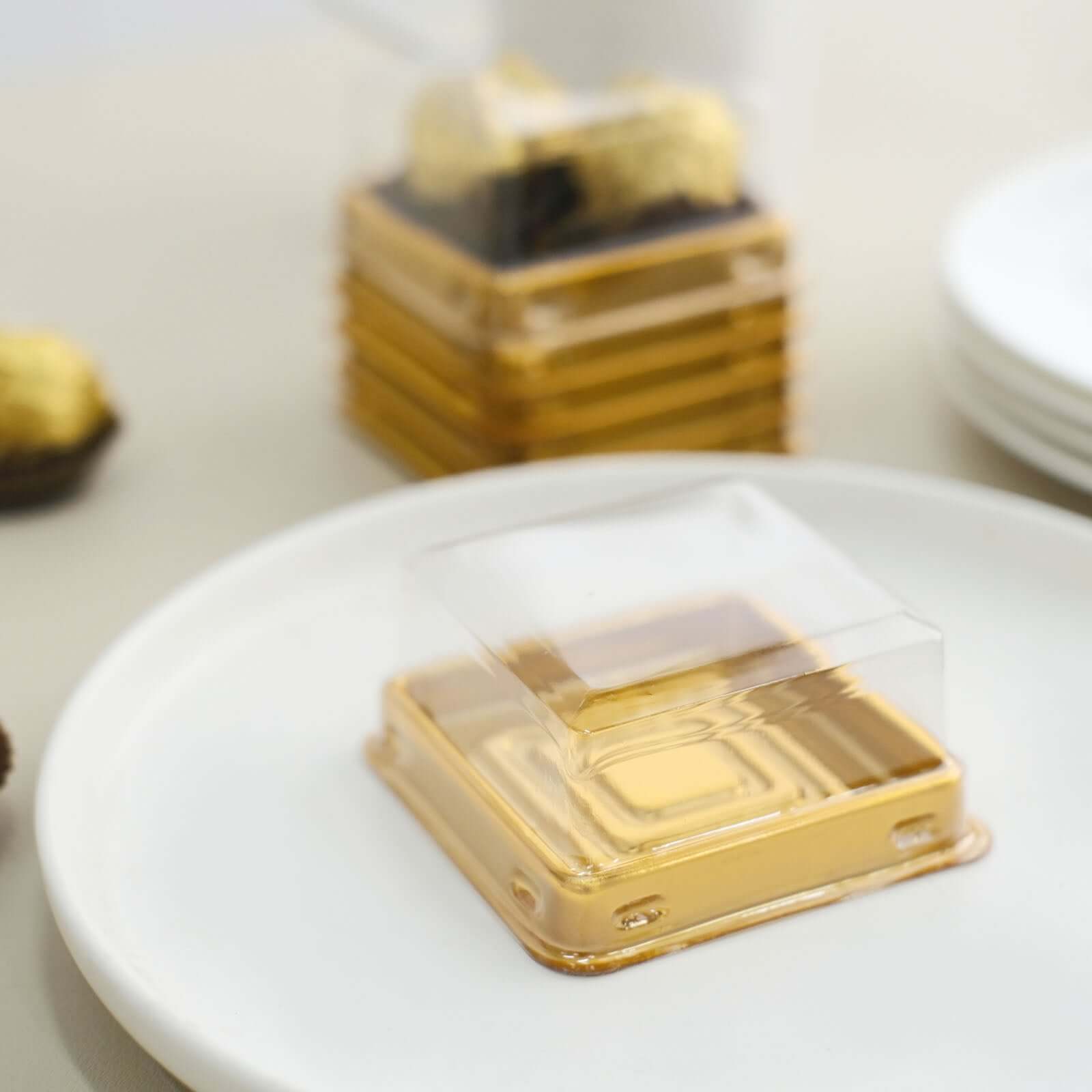 50-Pack Favor Containers Square Design Gold and Clear - Plastic Party Boxes for Cupcakes and Desserts 3"