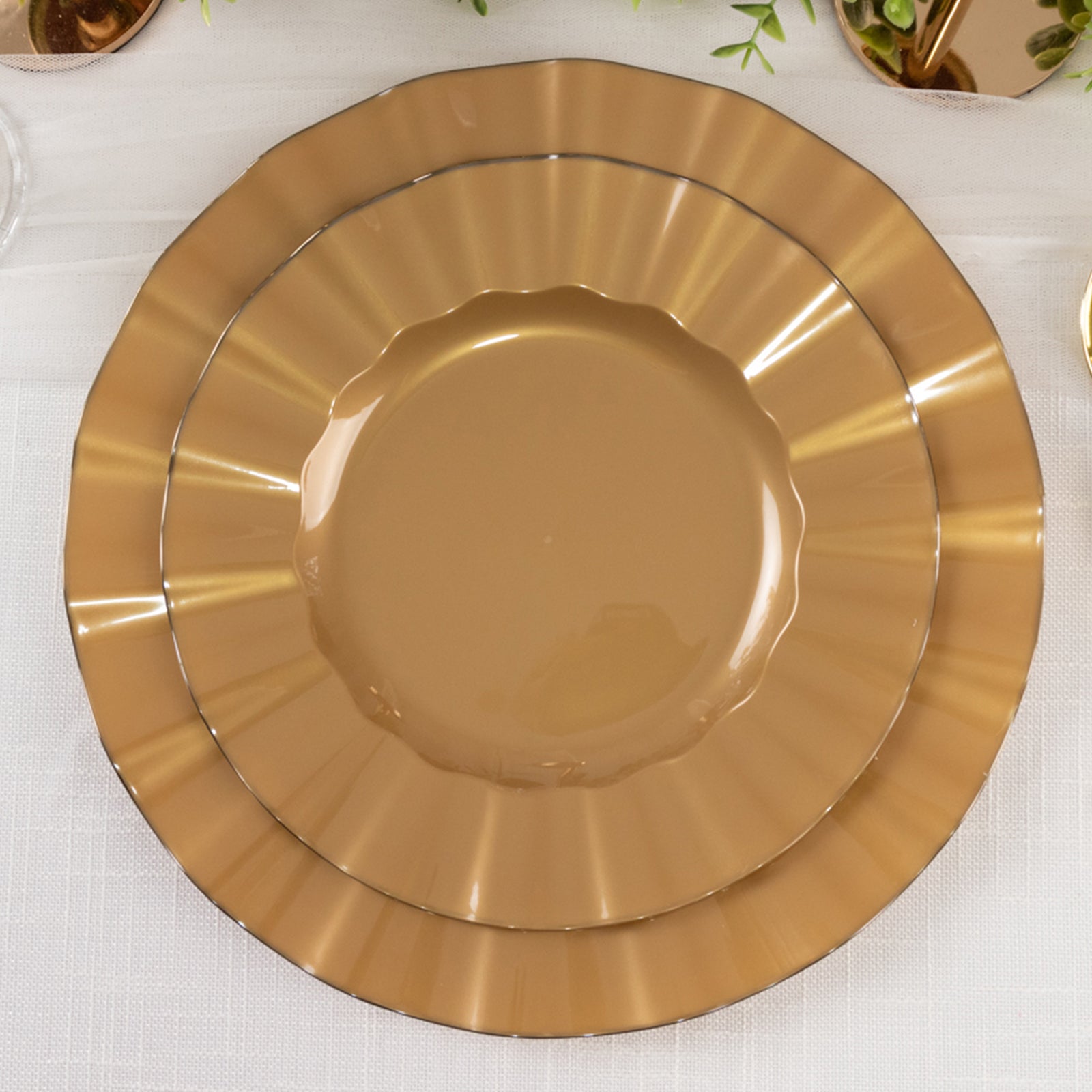 10-Pack Plastic 9" Round Dinner Plates in Gold with Ruffled Rim - Sturdy Disposable Dinnerware for Classy Events & Banquets