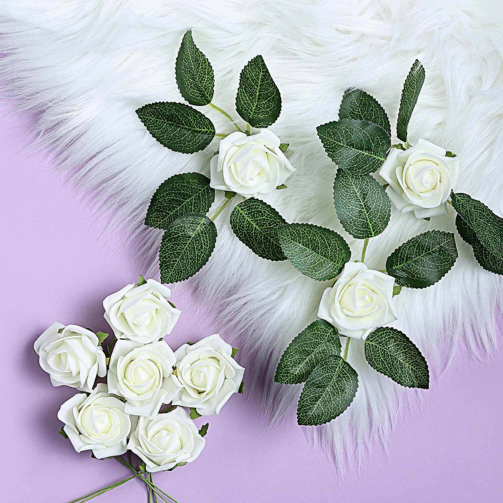 24 Roses 2" Ivory Artificial Foam Flowers With Stem Wire and Leaves