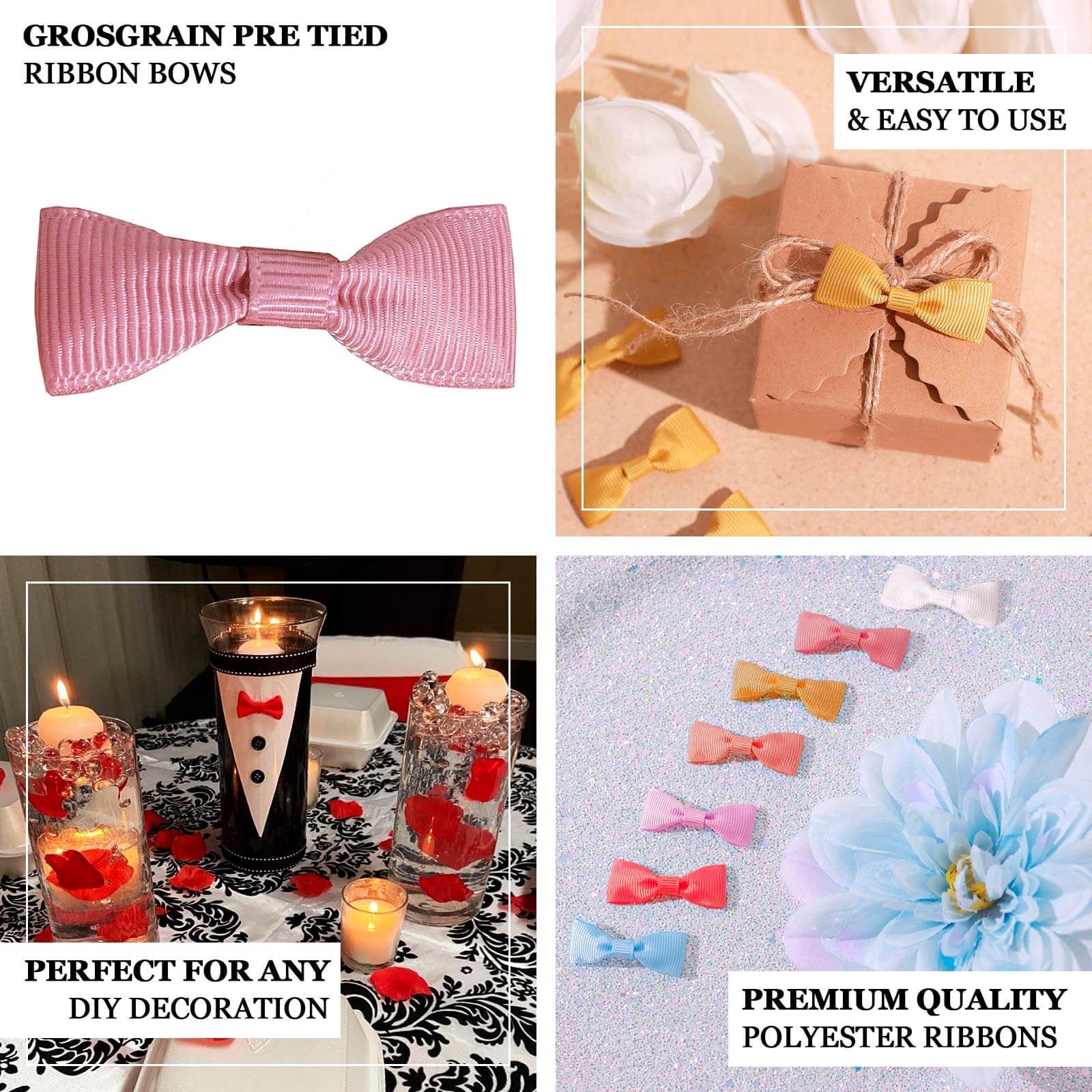 50 Pcs 1.5" Mauve Grosgrain Pre Tied Ribbon Bows, Gift Basket Party Favor Bags Decor - Polyester