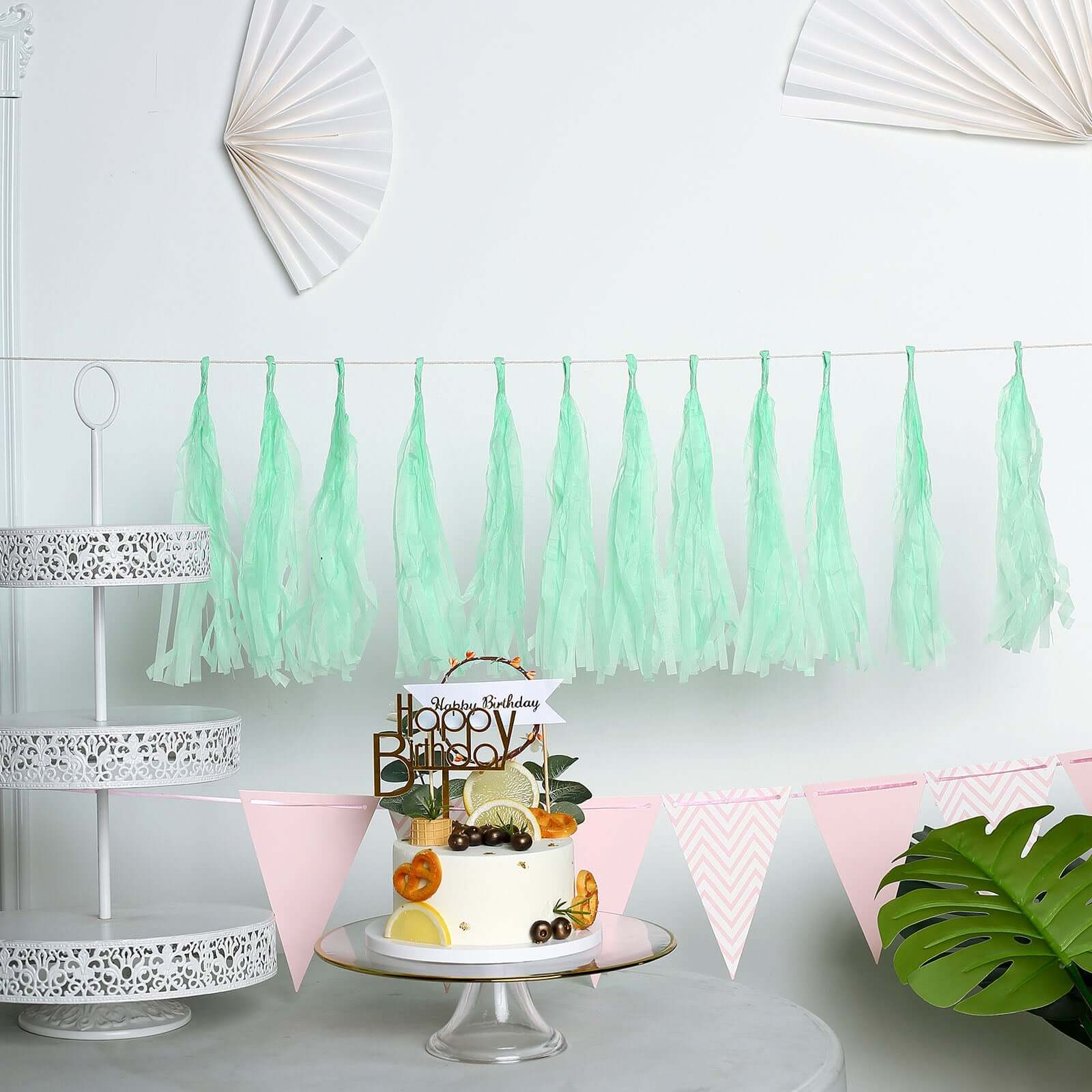 12 Pack Pre-Tied Mint Tissue Paper Tassel Garland With String, Hanging Fringe Party Streamer Backdrop Decor