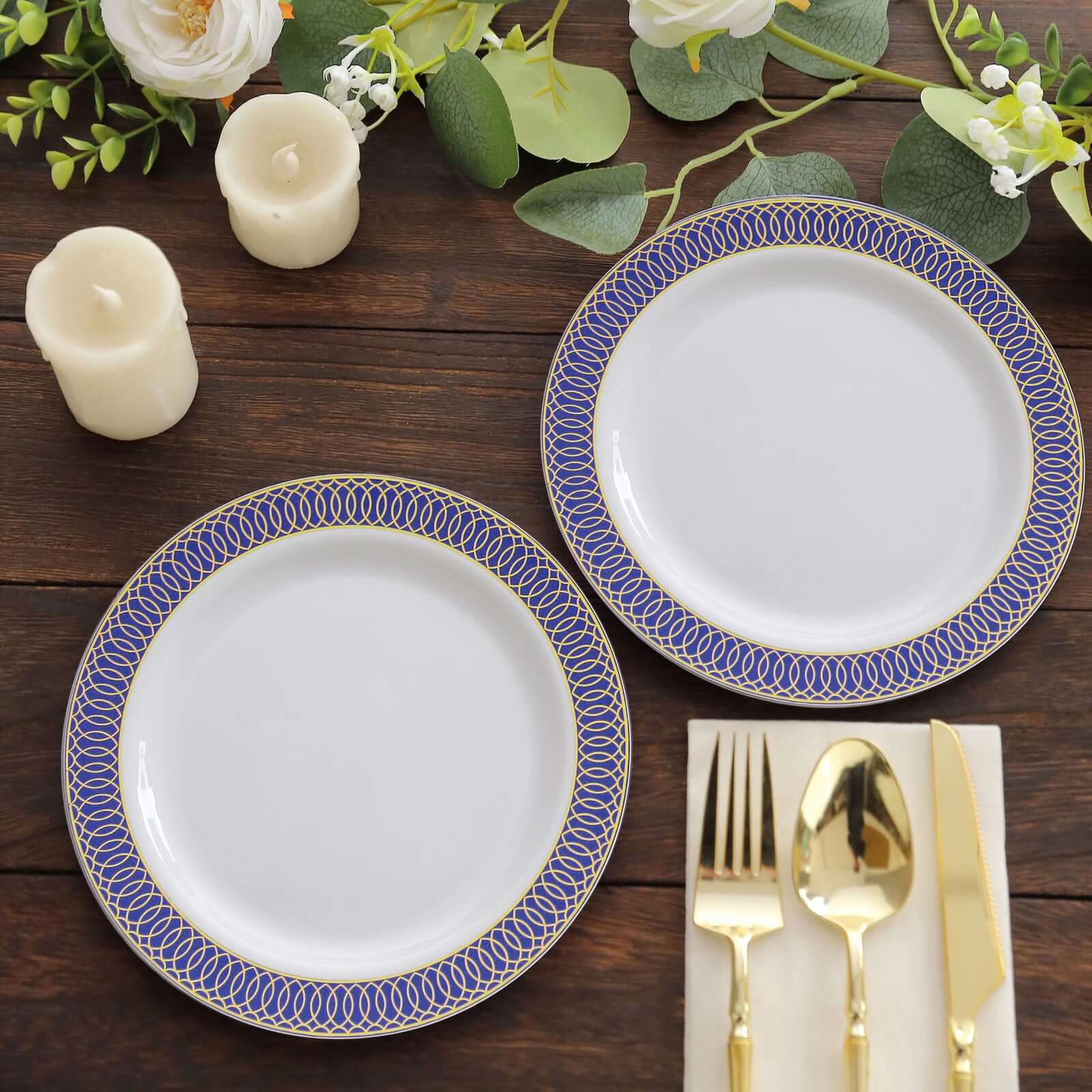 10-Pack Plastic Round Dessert Plates 7" White with Navy Blue Gold Spiral Rim - Disposable Salad Plates