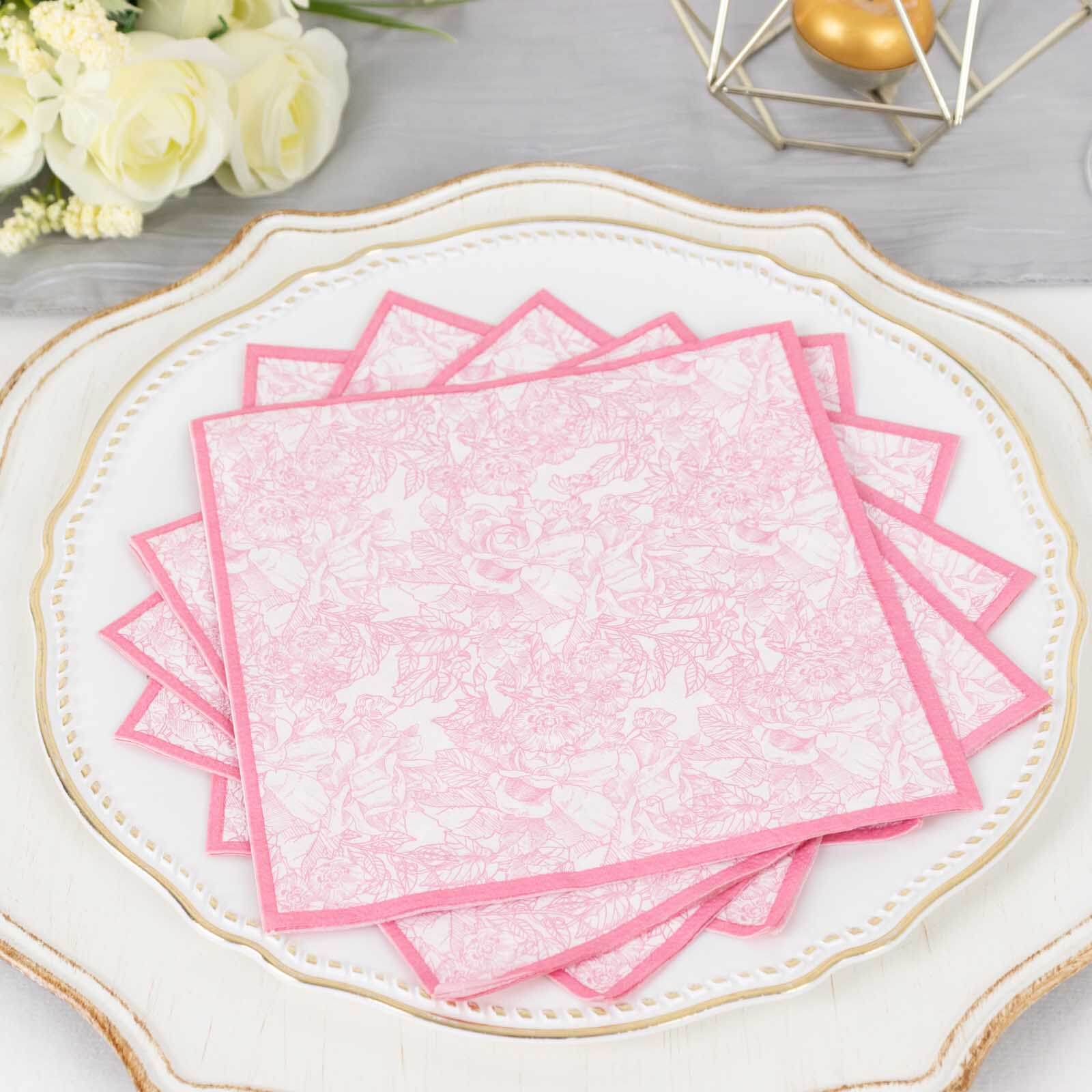 25-Pack Paper Cocktail Napkins with French Toile Print White/Pink - Highly Absorbent 2 Ply Disposable Napkins 5"x5"