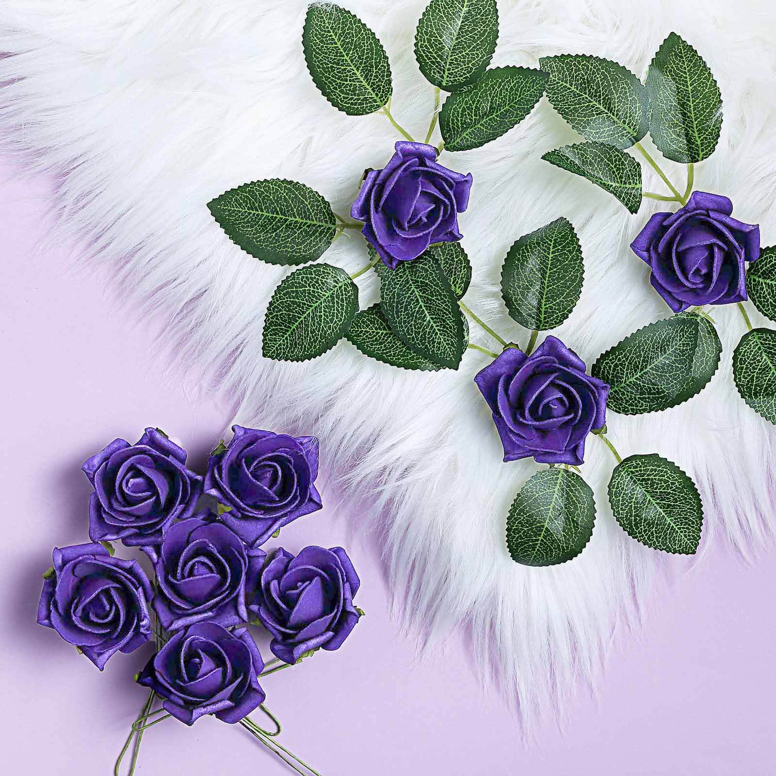 24 Roses 2" Purple Artificial Foam Flowers With Stem Wire and Leaves
