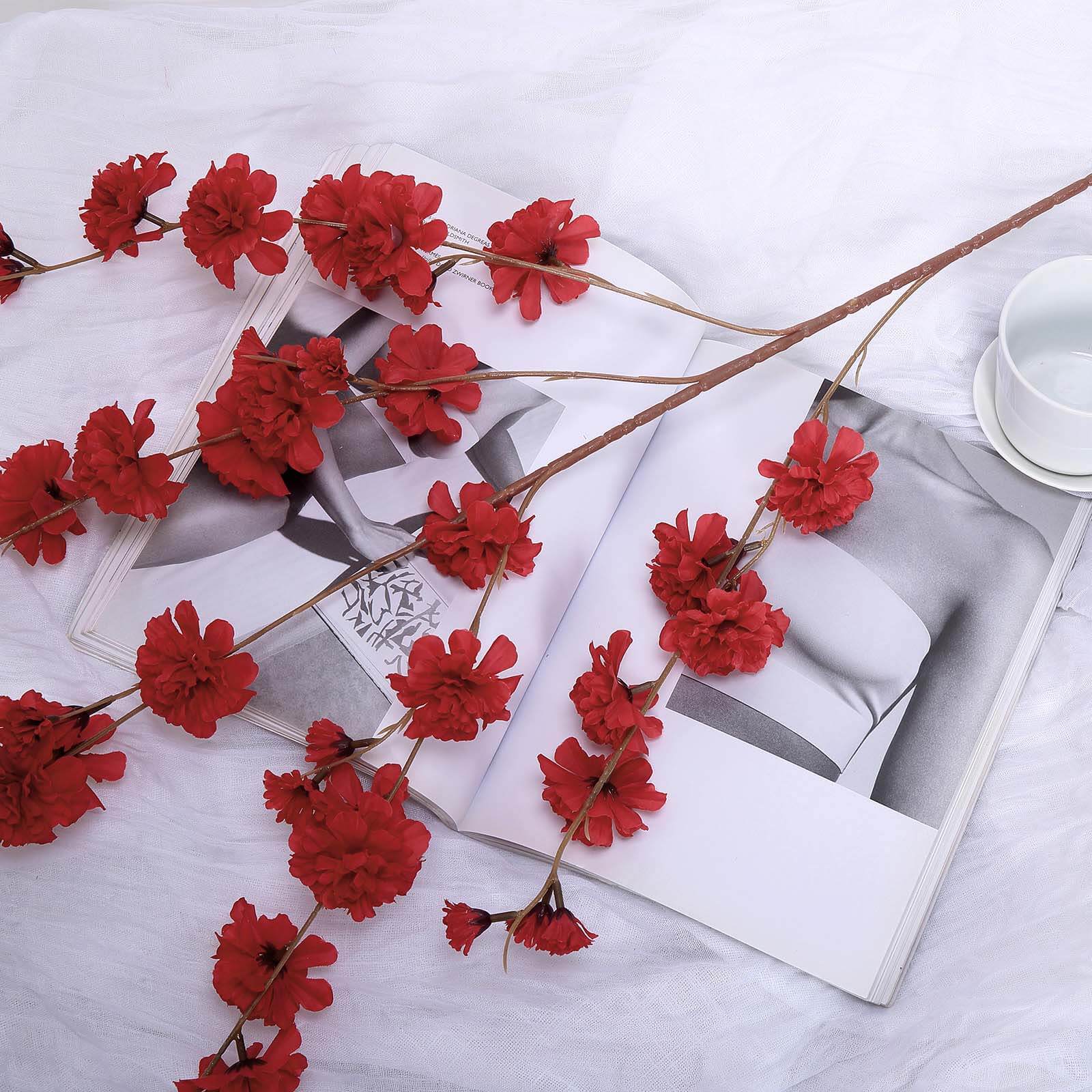 2 Branches 42" Tall Red Artificial Silk Carnation Flower Stems