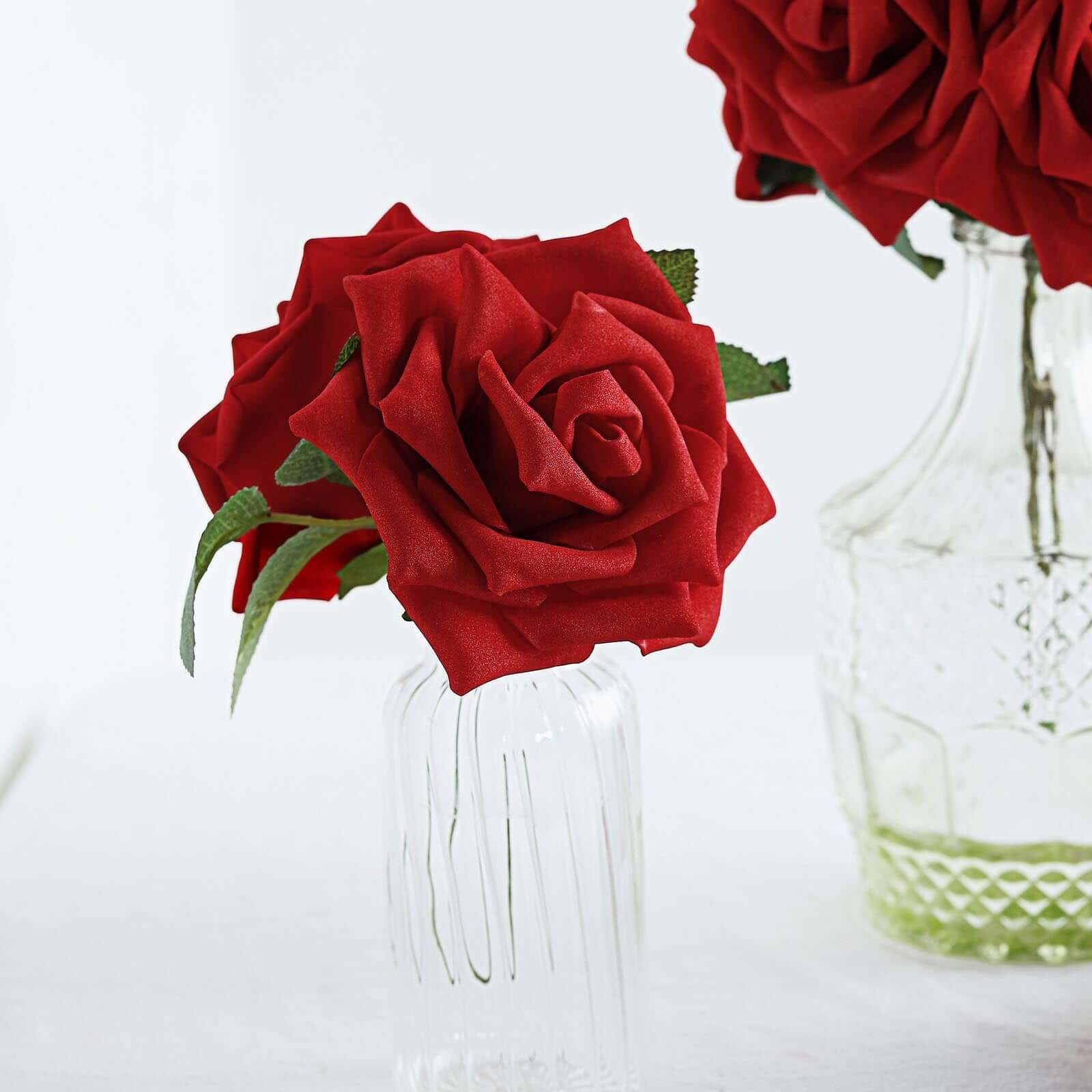 24 Roses 5" Red Artificial Foam Flowers With Stem Wire and Leaves