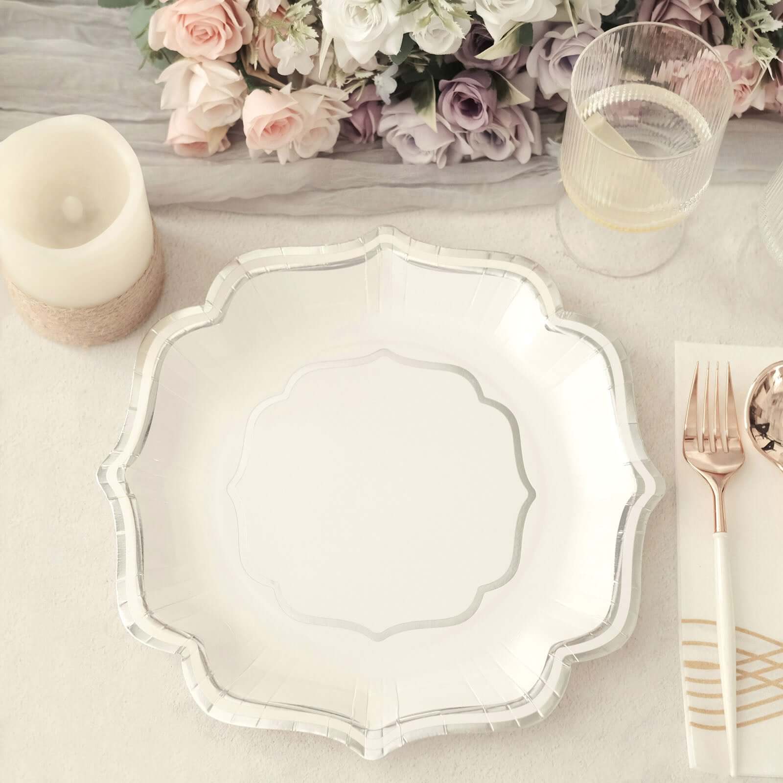 25-Pack Paper Dinner Plates in White with Silver Scallop Rim - Disposable 300GSM Party Plates 10"