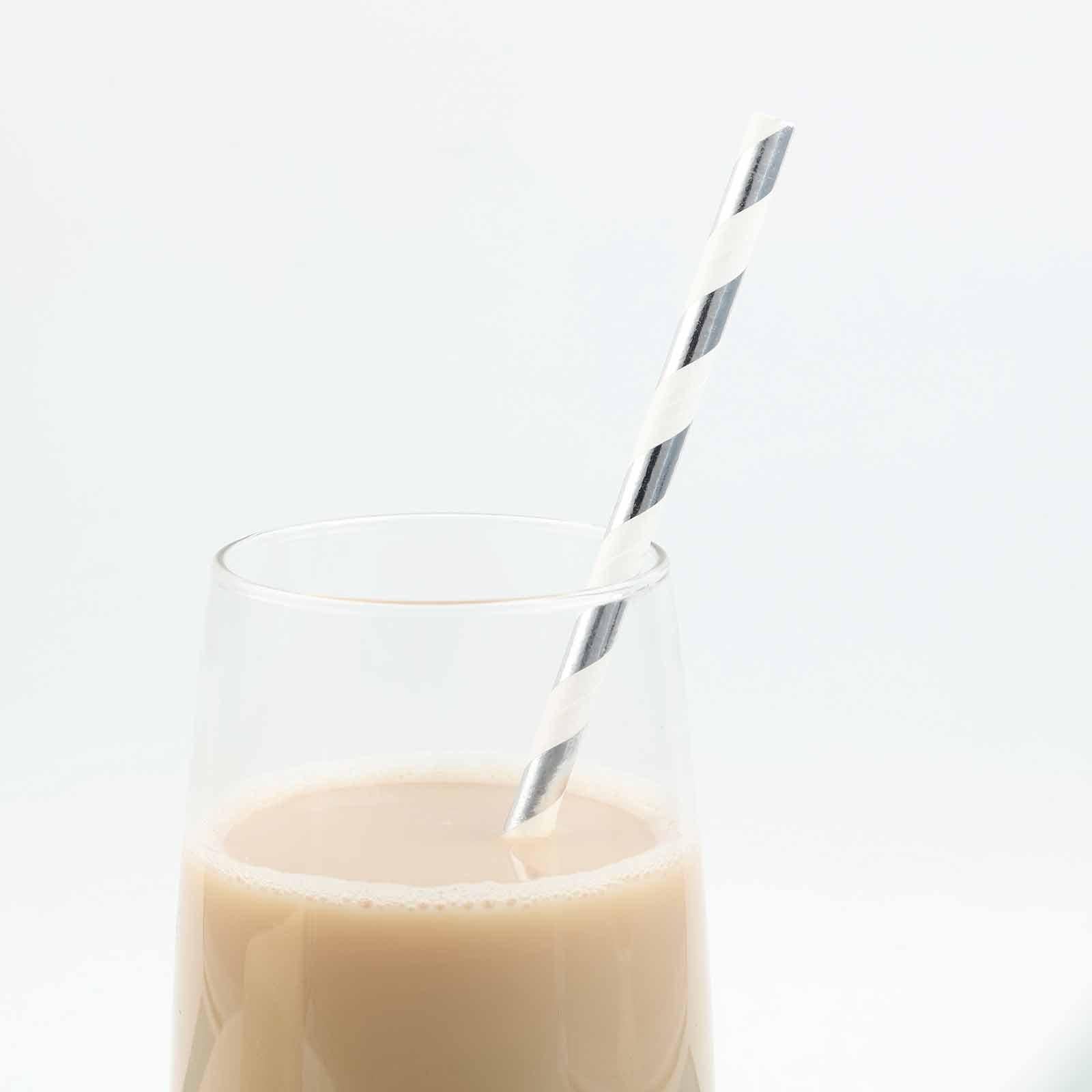 25-Pack Paper Straws White/Silver Striped - Stylish Disposable Straws for Drinks 8"
