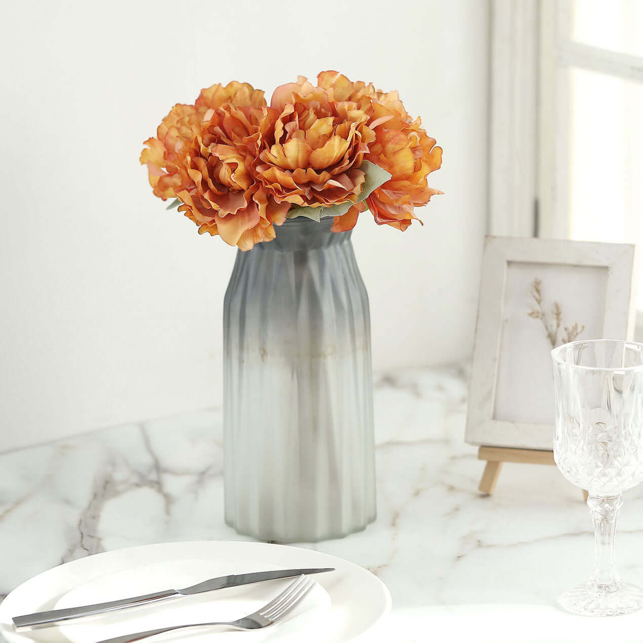 11" Orange Real Touch Artificial Silk Peonies Flower Bouquet