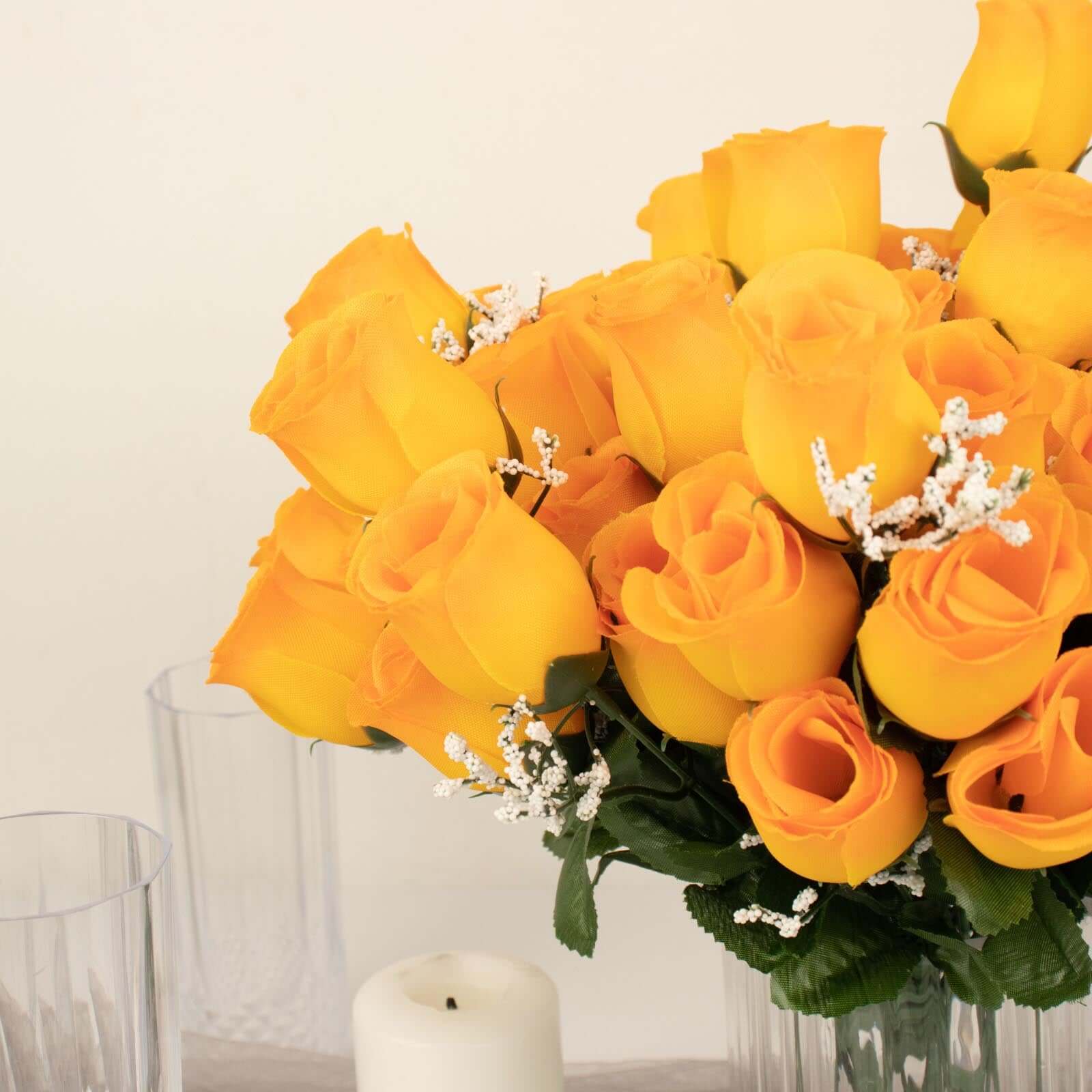 12 Bushes Orange Artificial Premium Silk Flower Rose Bud Bouquets