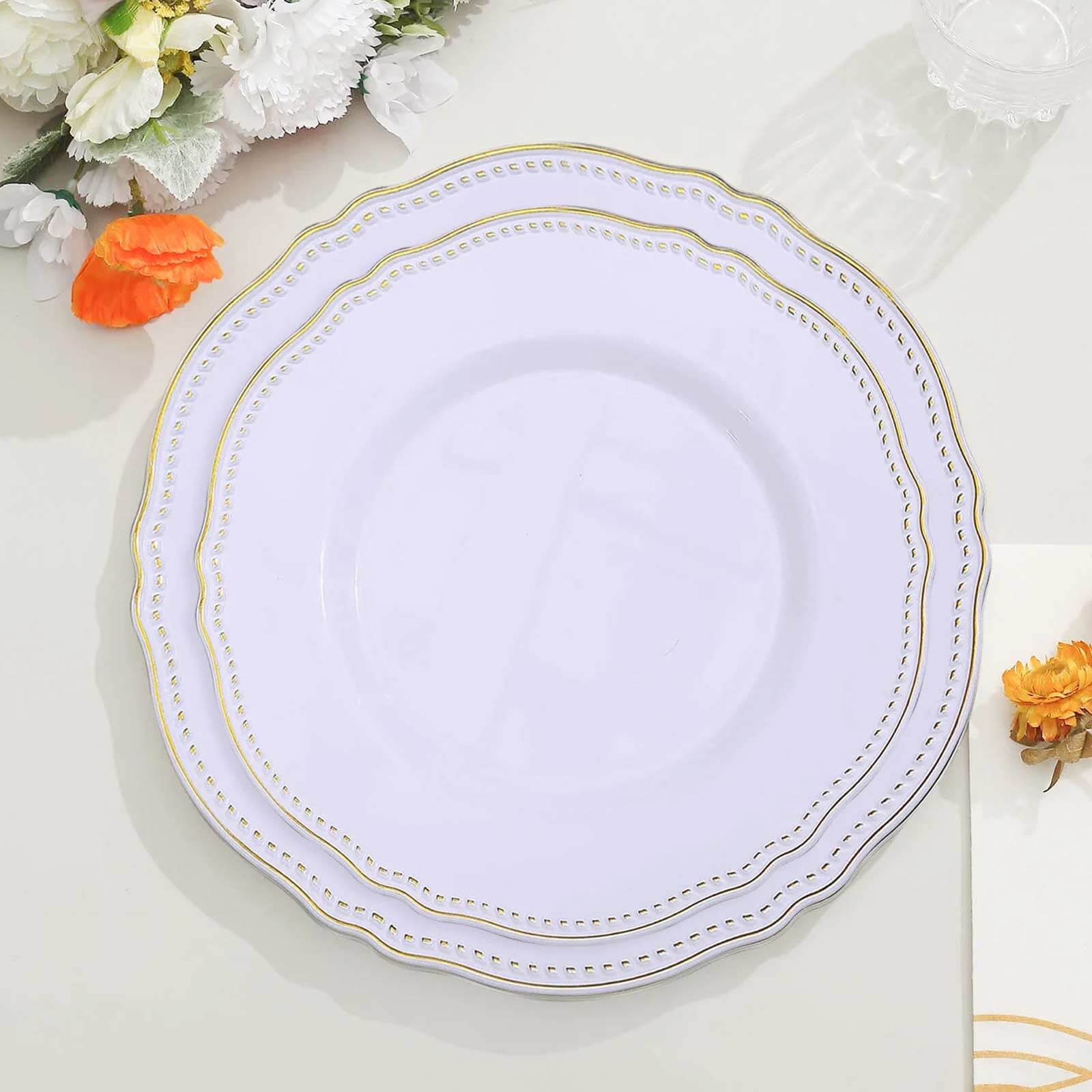 10-Pack Plastic Dinner Plates in White with Gold Scalloped Rim - Disposable Party Plates 9"
