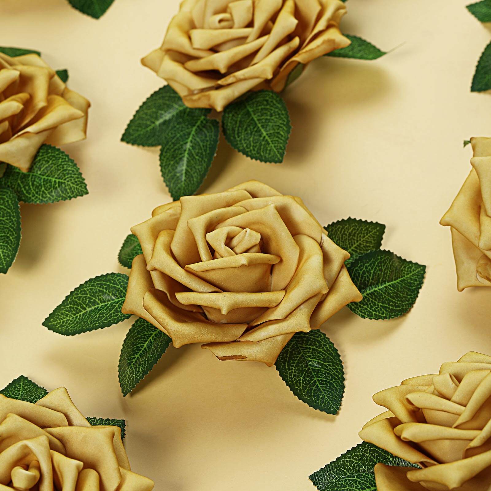 24 Roses 5" Gold Artificial Foam Flowers With Stem Wire and Leaves