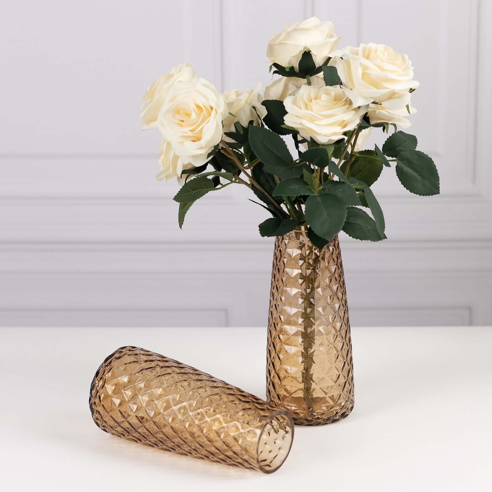 6-Pack Glass Urn Vases Amber Gold with Diamond Crystal Cut Pattern - Stylish Decorative Design for Event Decor 8.5"