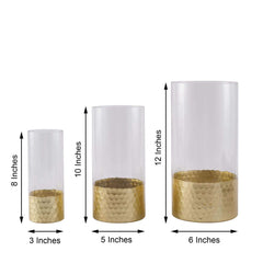 Set of 3 Clear Glass Cylinder Vases with Gold Honeycomb Base, Votive Tealight Candle Holder Set - 8",10",12"