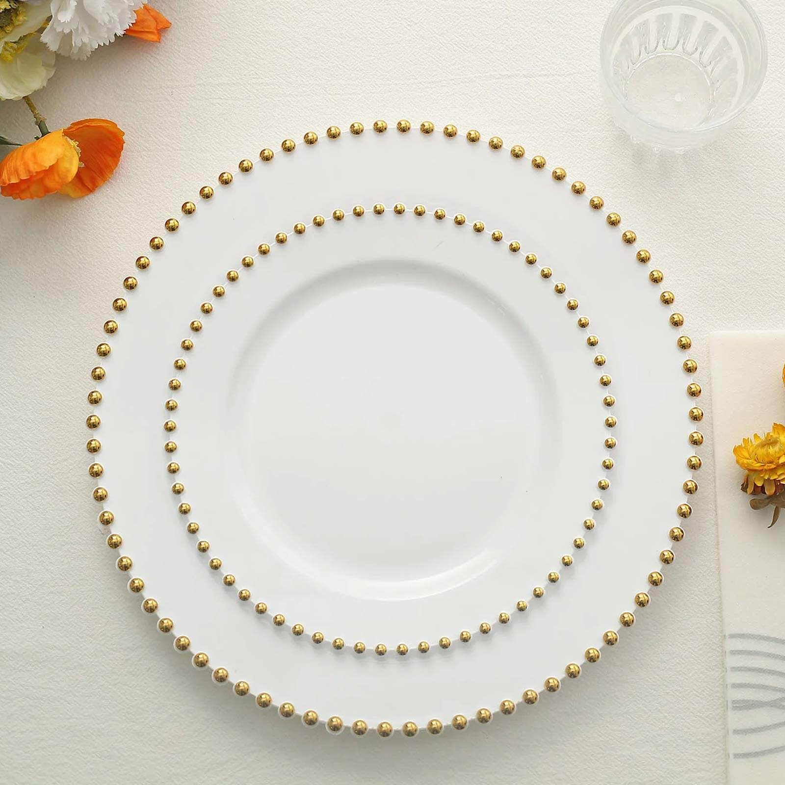 10-Pack White Plastic Dessert Plates – 8" Round with Gold Beaded Rim, Disposable for Parties & Events