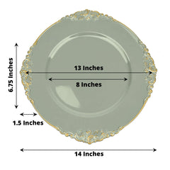 6-Pack Acrylic Round Charger Plates 13" in Dusty Sage Green with Gold Embossed Baroque Rim, Antique Decorative Dinner Party Charger Tableware