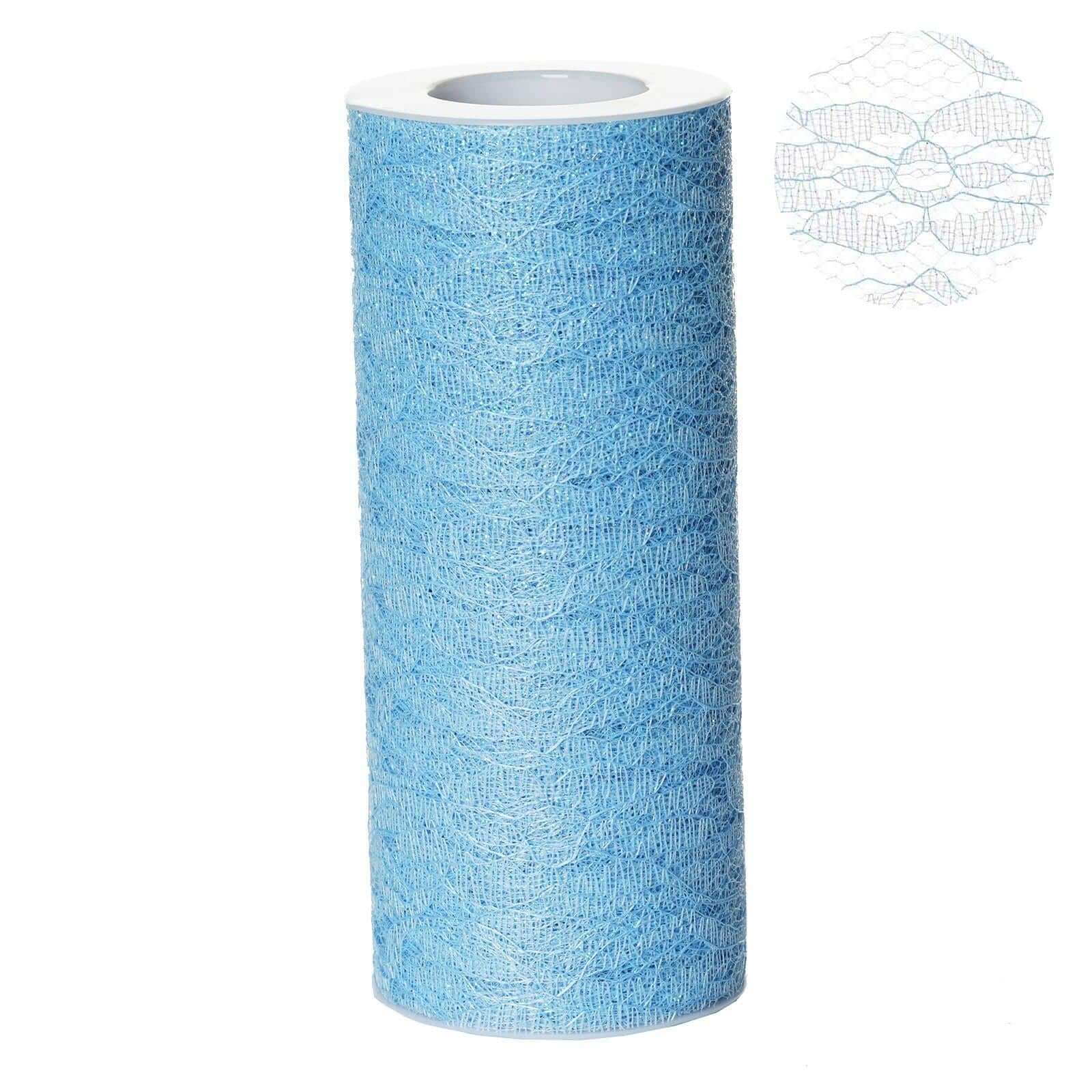 6"X10 Yards Serenity Blue Floral Lace Shimmer Glitter Tulle Fabric Bolt