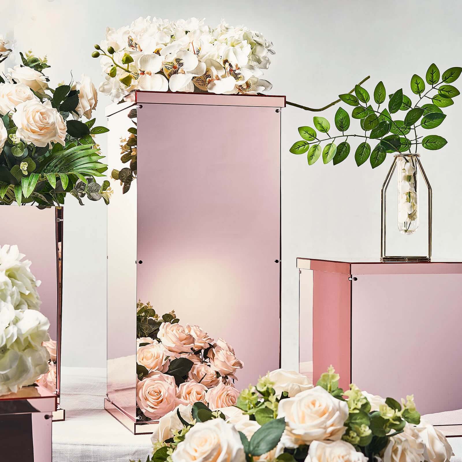 Set of 5 Rose Gold Mirror Finish Acrylic Display Boxes, Pedestal Risers with Interchangeable Lid and Base - 12",16",24",32",40"