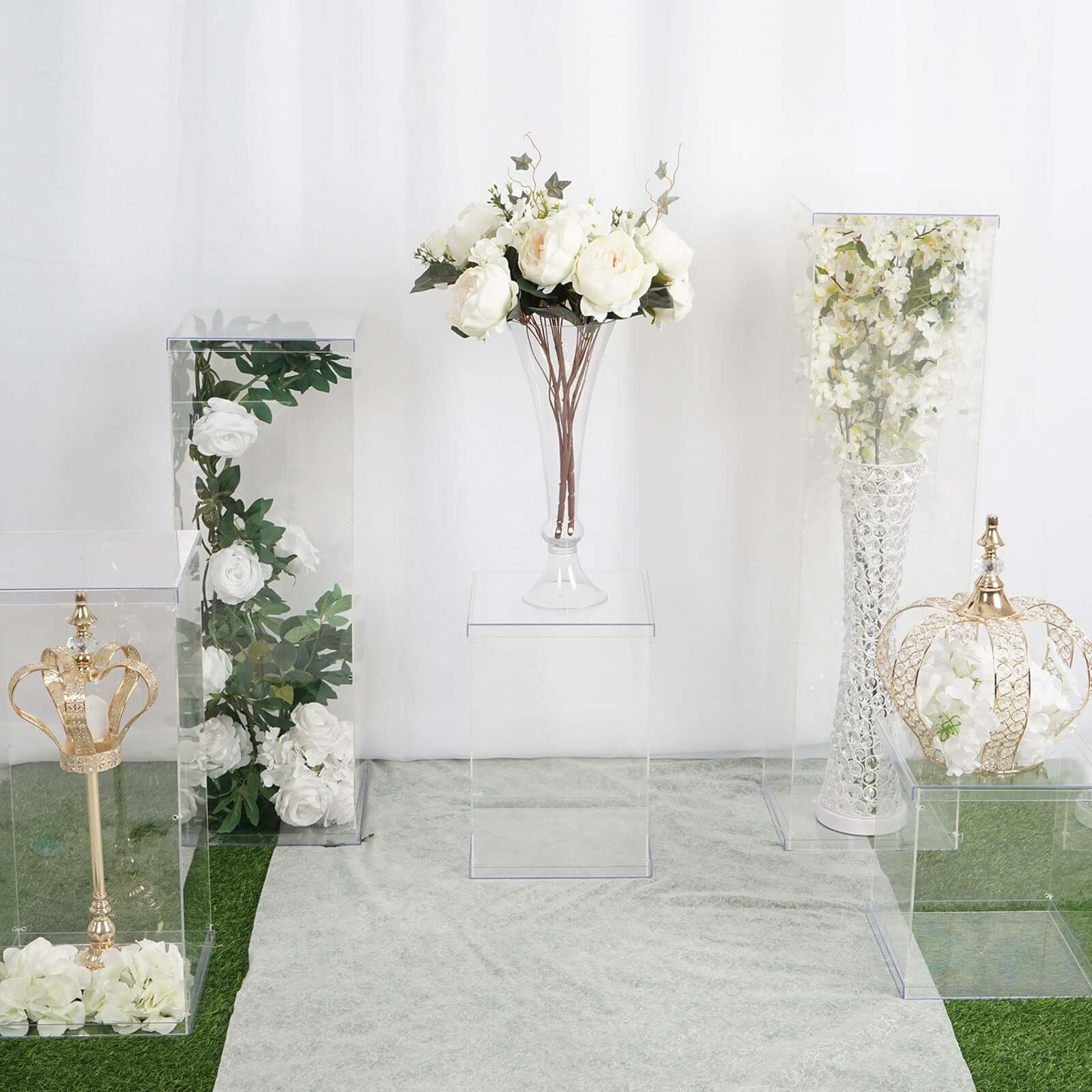 Set of 5 Clear Acrylic Display Boxes, Transparent Pedestal Risers with Interchangeable Lid and Base - 12",16",24",32",40"