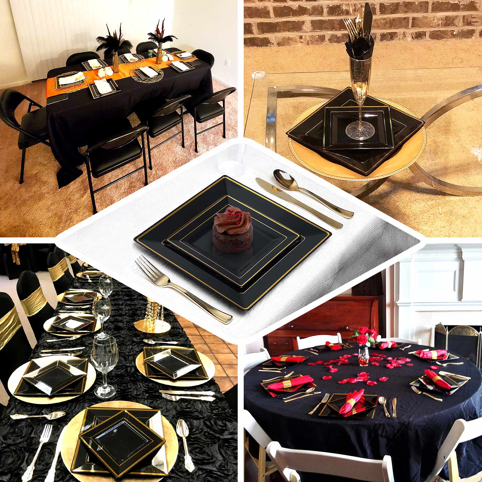 10-Pack Plastic Salad Dessert Plates Black Square with Gold Trim - Durable Disposable Appetizer Plates 7"