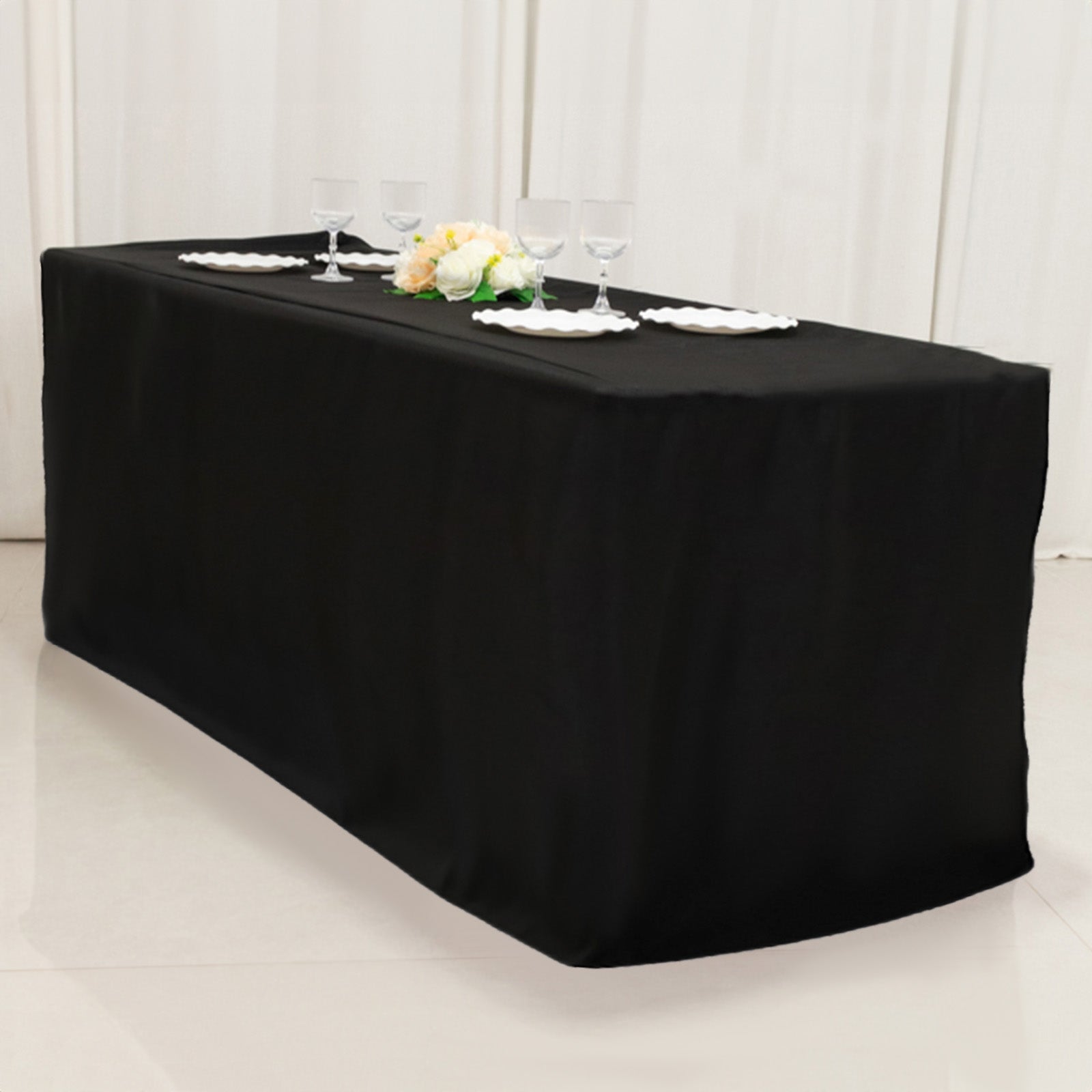Fitted Polyester 72"x24"x42" Rectangle Tablecloth Black - Secure Fit for Elevated Tables