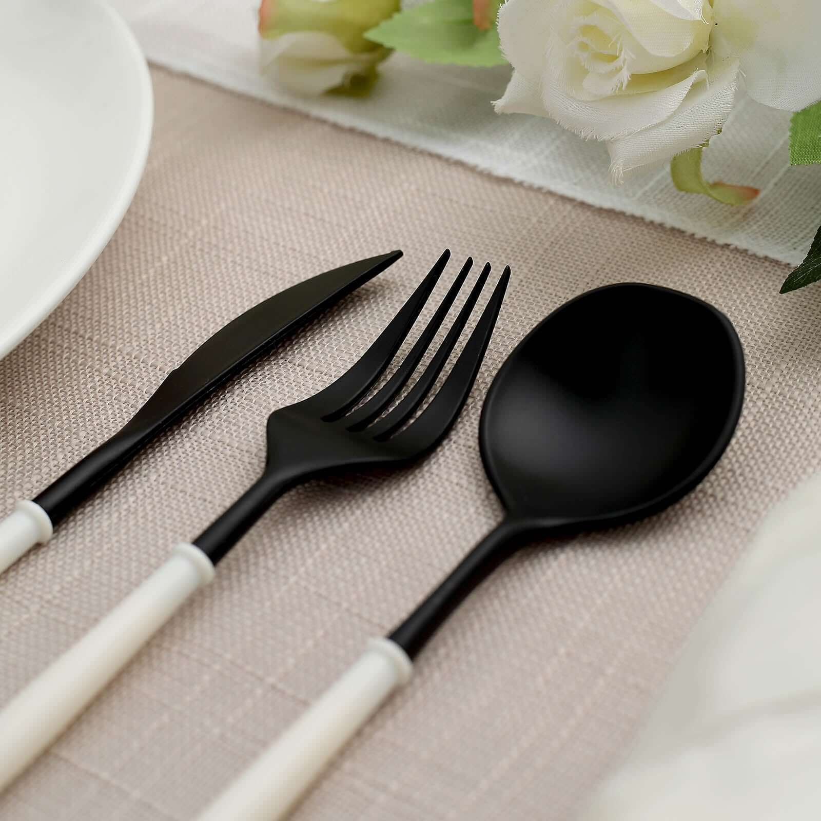 24-Pack Plastic Flatware Set in Black with Ivory Handle - Heavy Duty Disposable Modern Silverware 8"