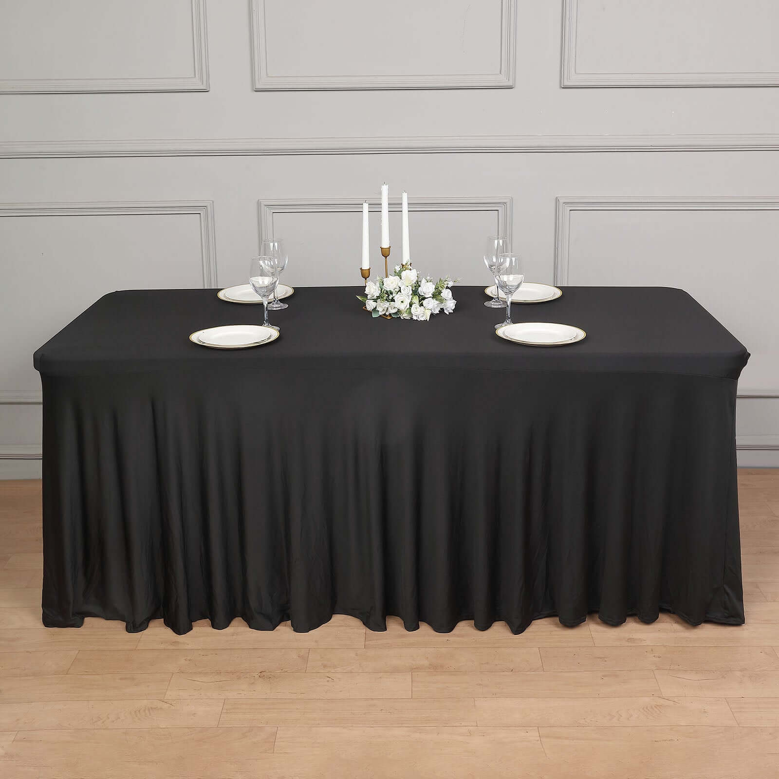 Spandex Rectangle 72"x30" Table Skirt Black with Wavy Skirt-Like Effect Table Cover
