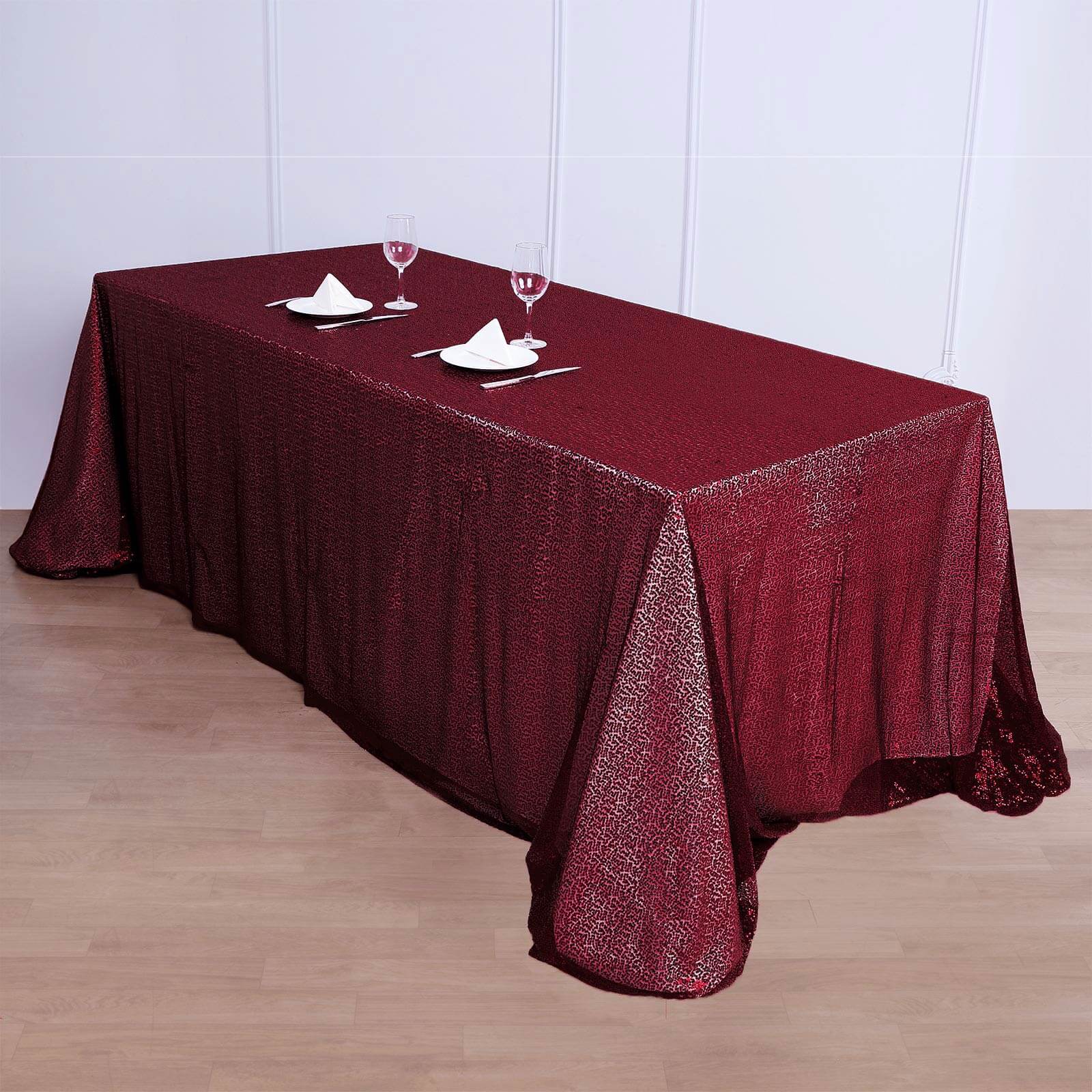 90x156" Burgundy Seamless Sequin Rectangle Tablecloth for 8 Foot Table With Floor-Length Drop