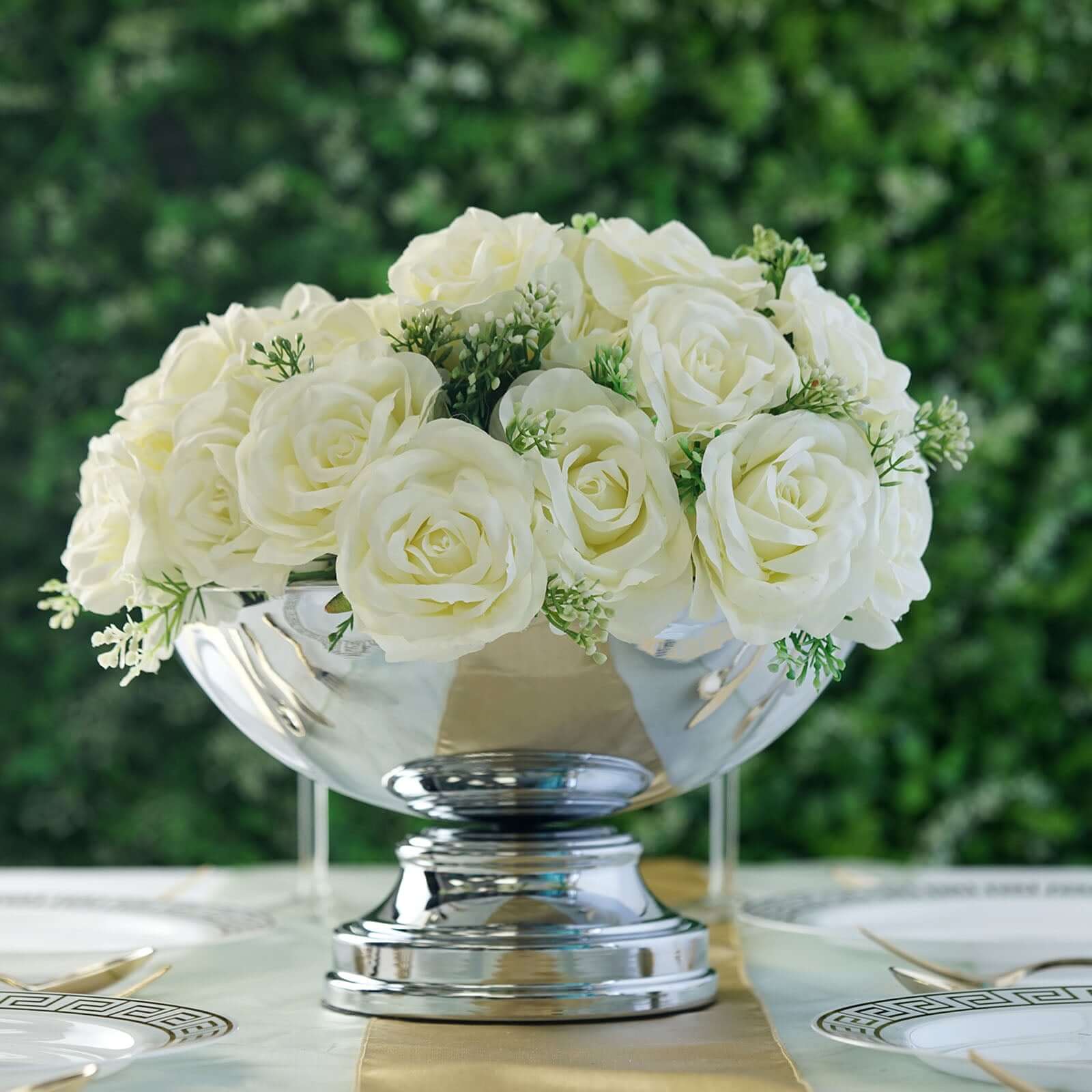 Metal Pedestal Flower Pot Round Design Metallic Silver - Floating Candle Bowl and Display Dish 12"