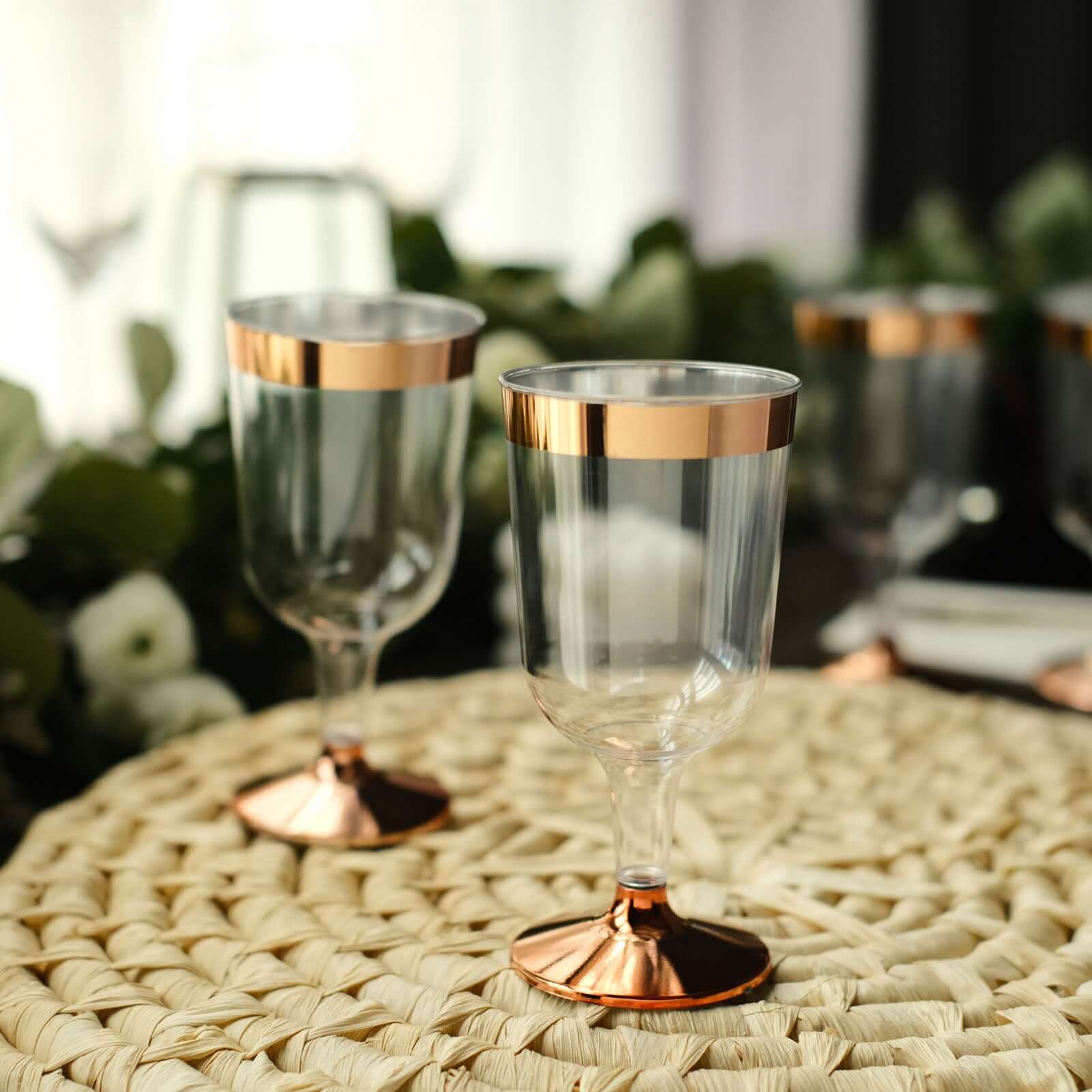 12-Pack Plastic Wine Glasses Clear with Rose Gold Rim - Classy Disposable Cups with Detachable Base for Weddings & Special Occasions 6oz
