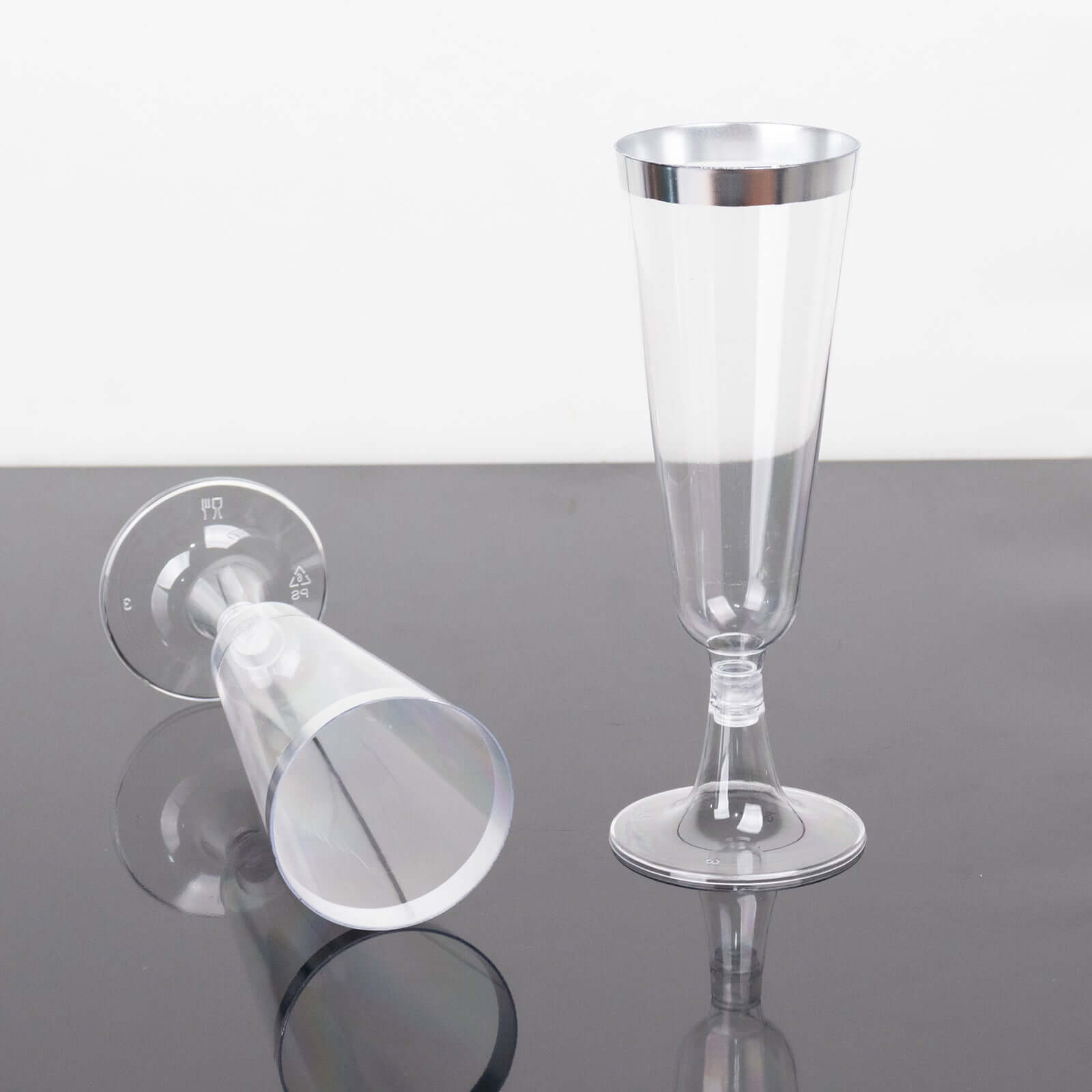 12-Pack Plastic Champagne Flutes Clear with Silver Rim - Stylish Disposable Cocktail Glasses for Parties 5oz 6"