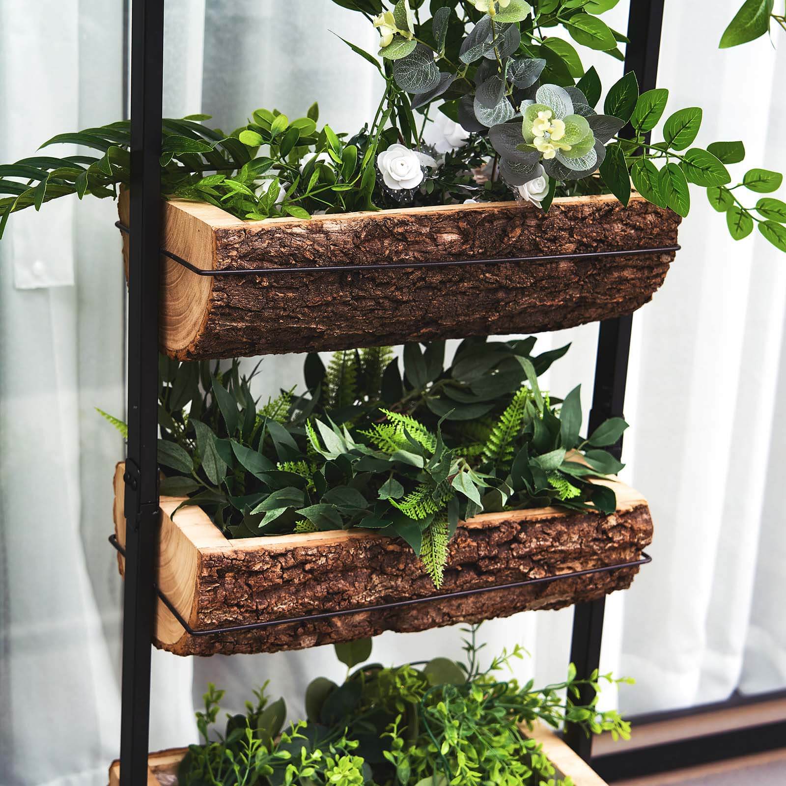 42" 4-Tier Metal Ladder Plant Stand With Natural Wooden Log Planters