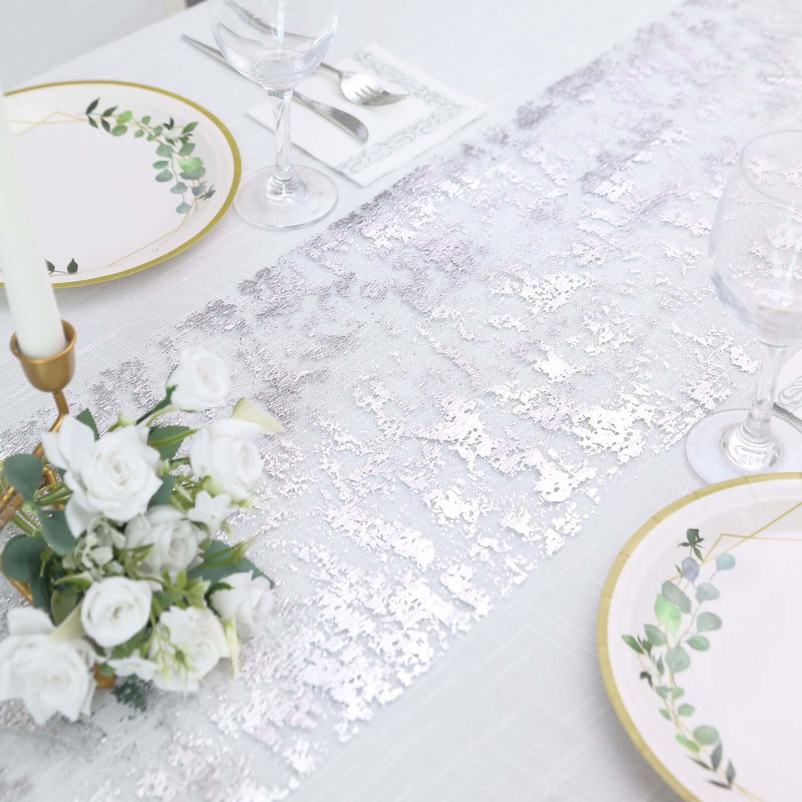 Mesh Polyester 108" Table Runner Roll Metallic Silver - Distressed Foil Look Disposable Table Decor