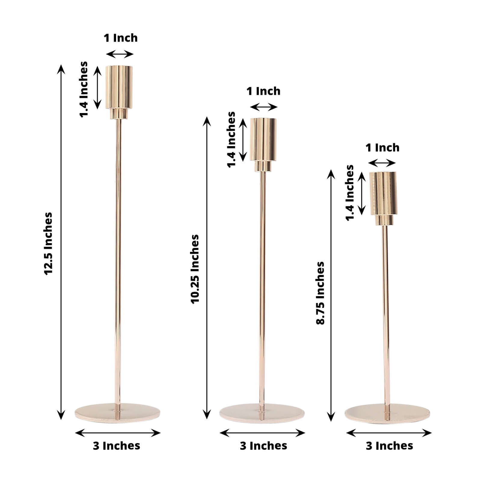 Set of 3 Taper Candle Stands Gold Metal Decorative Round Base Design - Wedding Table Accents 9", 10", 13"