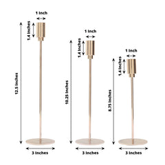 Set of 3 Taper Candle Stands Gold Metal Decorative Round Base Design - Wedding Table Accents 9", 10", 13"