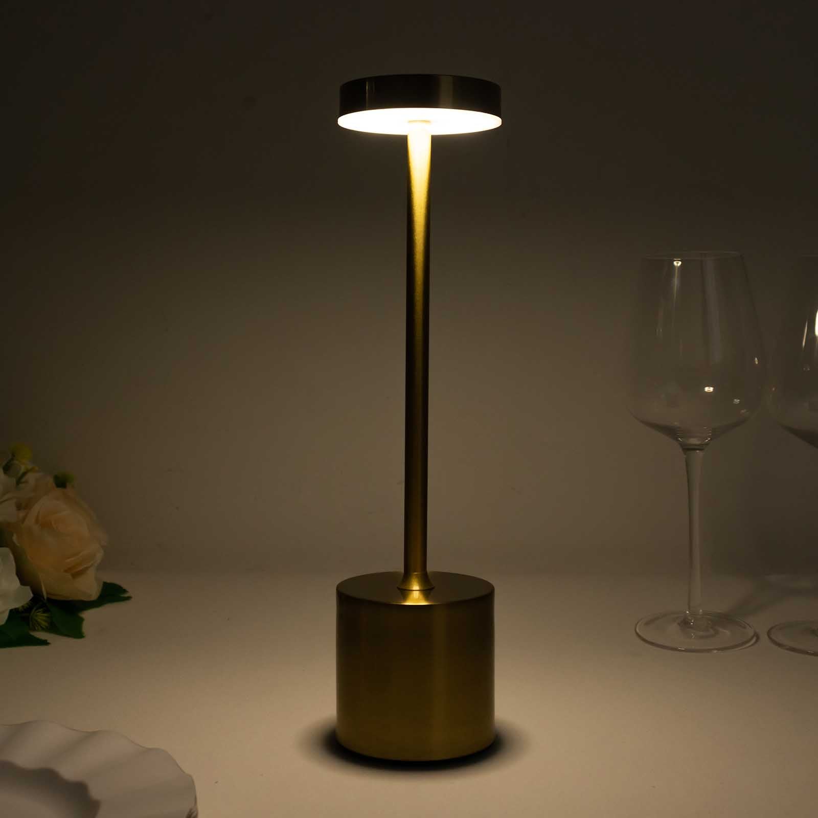 Cordless Table Lamp Modern Metal Gold Design LED Dimmable with Touch Control - Rechargeable Night Light 13"