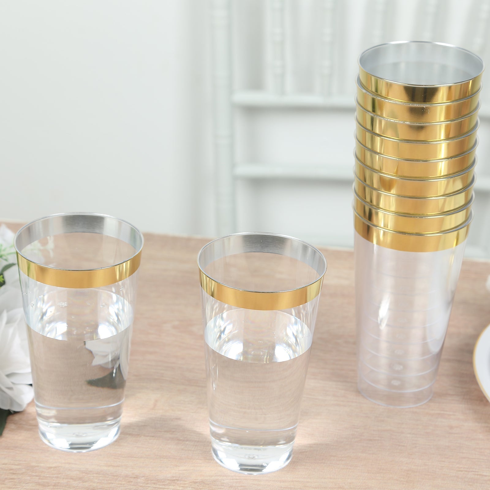 12-Pack Plastic Party Cups Clear with Gold Rim - Durable Disposable Tumblers for Drinks 17oz 5.5"