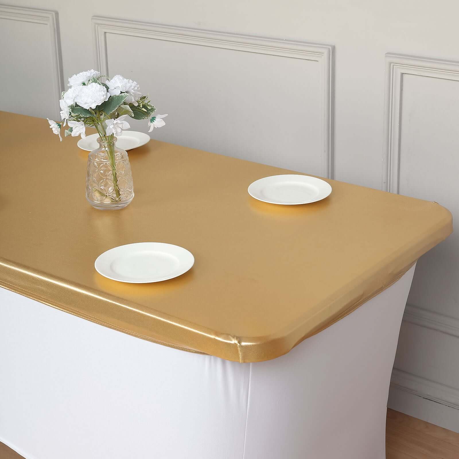 Stretch Spandex 72"x30" Rectangle Table Top Cover Metallic Gold - Easy to Install Glamorous Fitted Table Topper Cap for Luxe Events